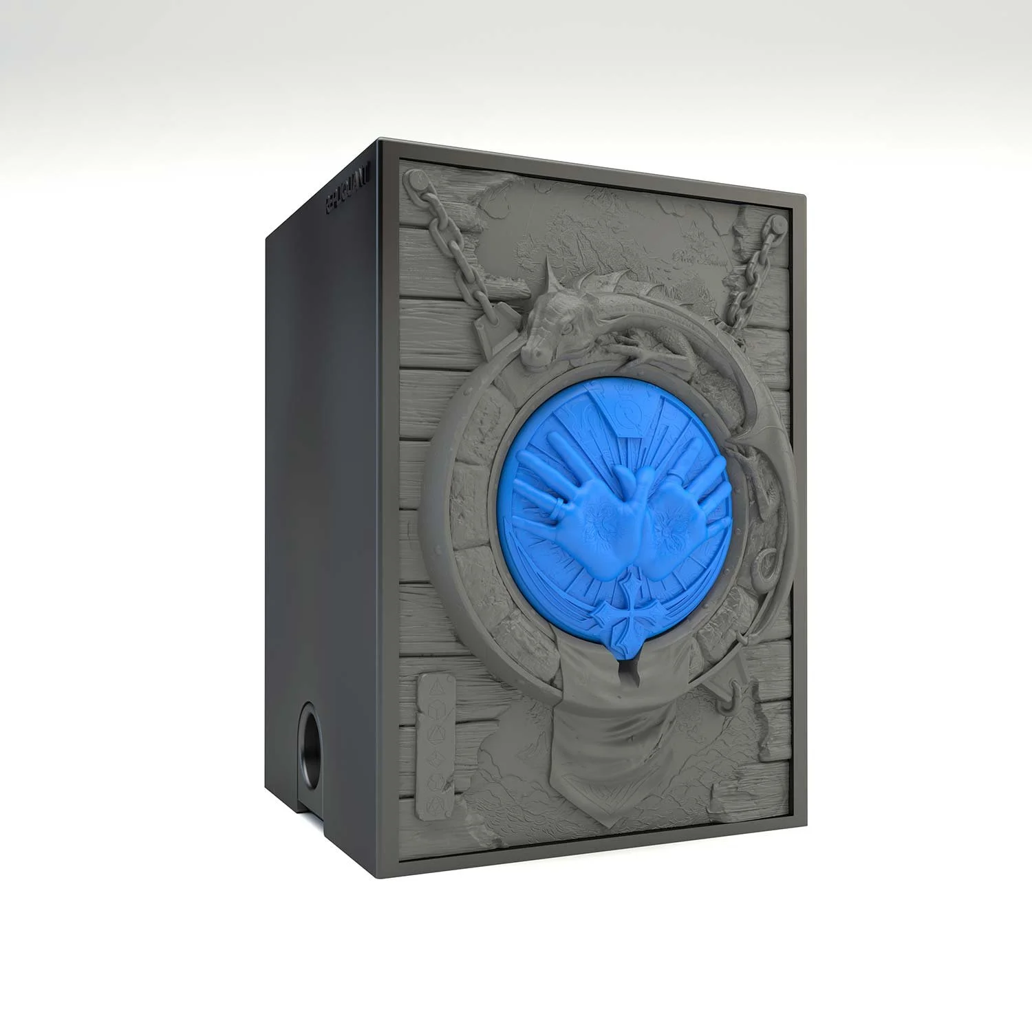 Tour à dé sculptée représentant un symbole clerc bleu, Idéal pour lancer et transporter vos dés. Vue de gauche. Vue de droite, boité fermée.
