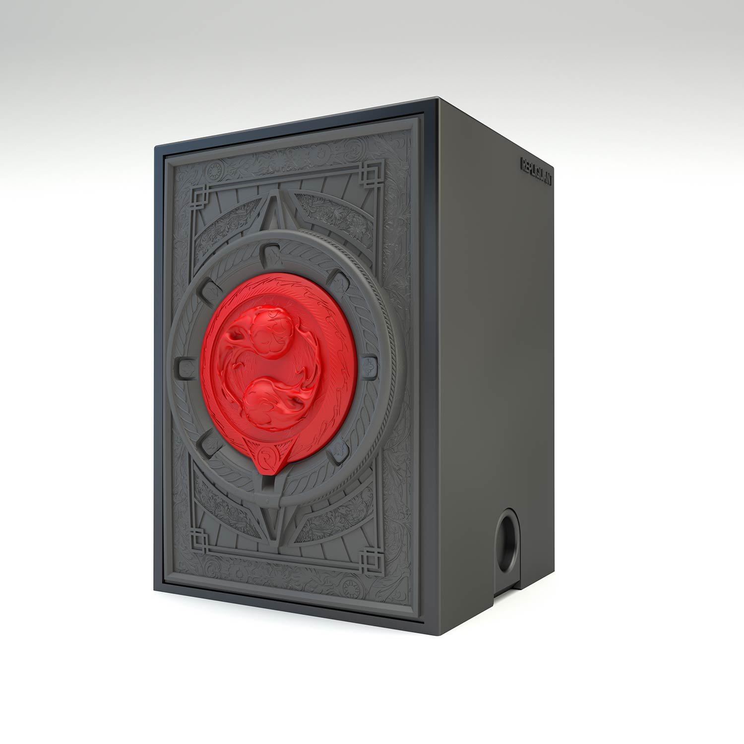 Deck box sculptée représentant deux boules de feu. Idéal pour protéger et embellir un deck JCC, format 100+ ou 60+15. Vue de droite, boité fermée.