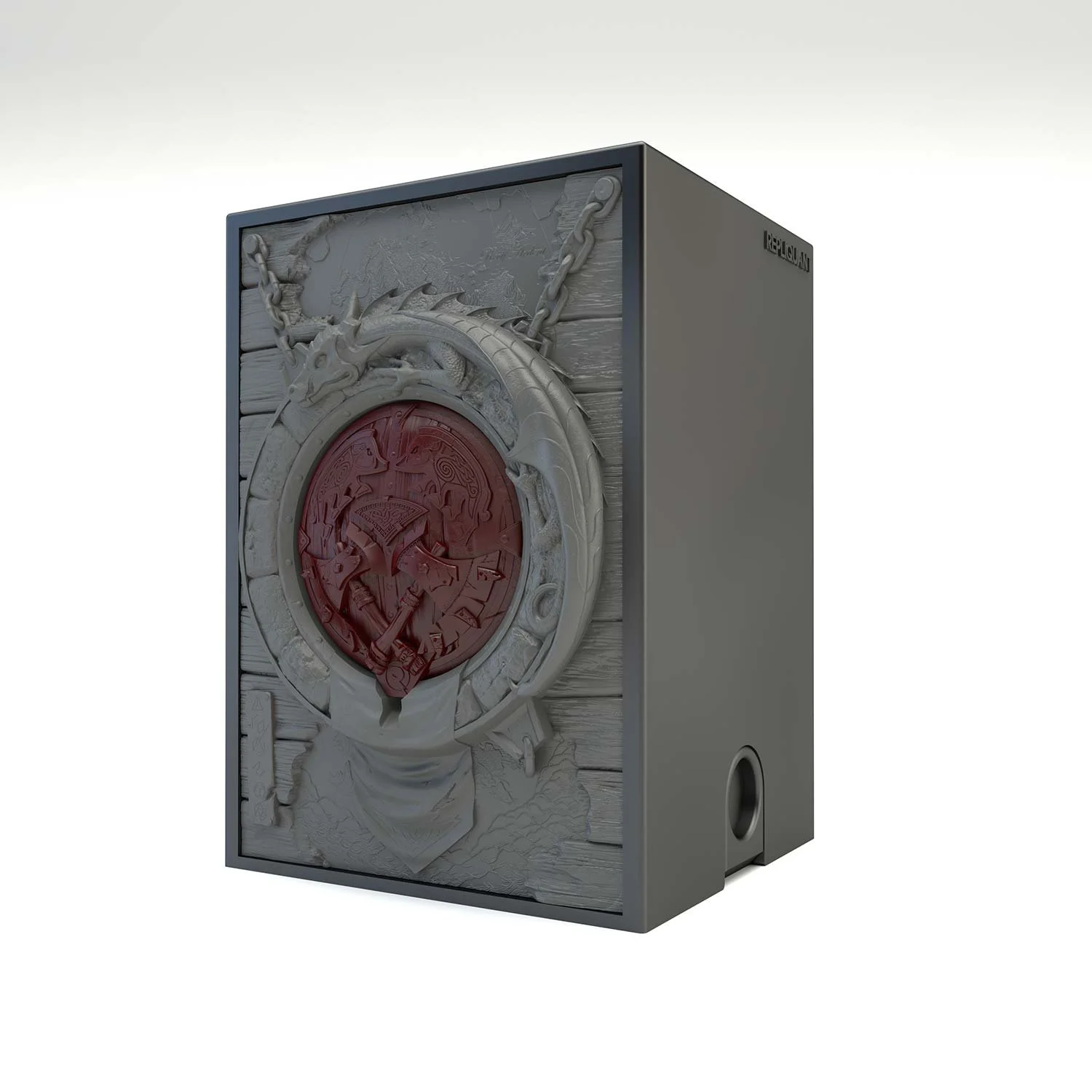 Tour à dé sculptée représentant un symbole Barbare rouge, prêt à transporter vos dés et permet de les lancer. Idéal pour lancer et transporter vos dés. Vue de gauche, boité fermée.