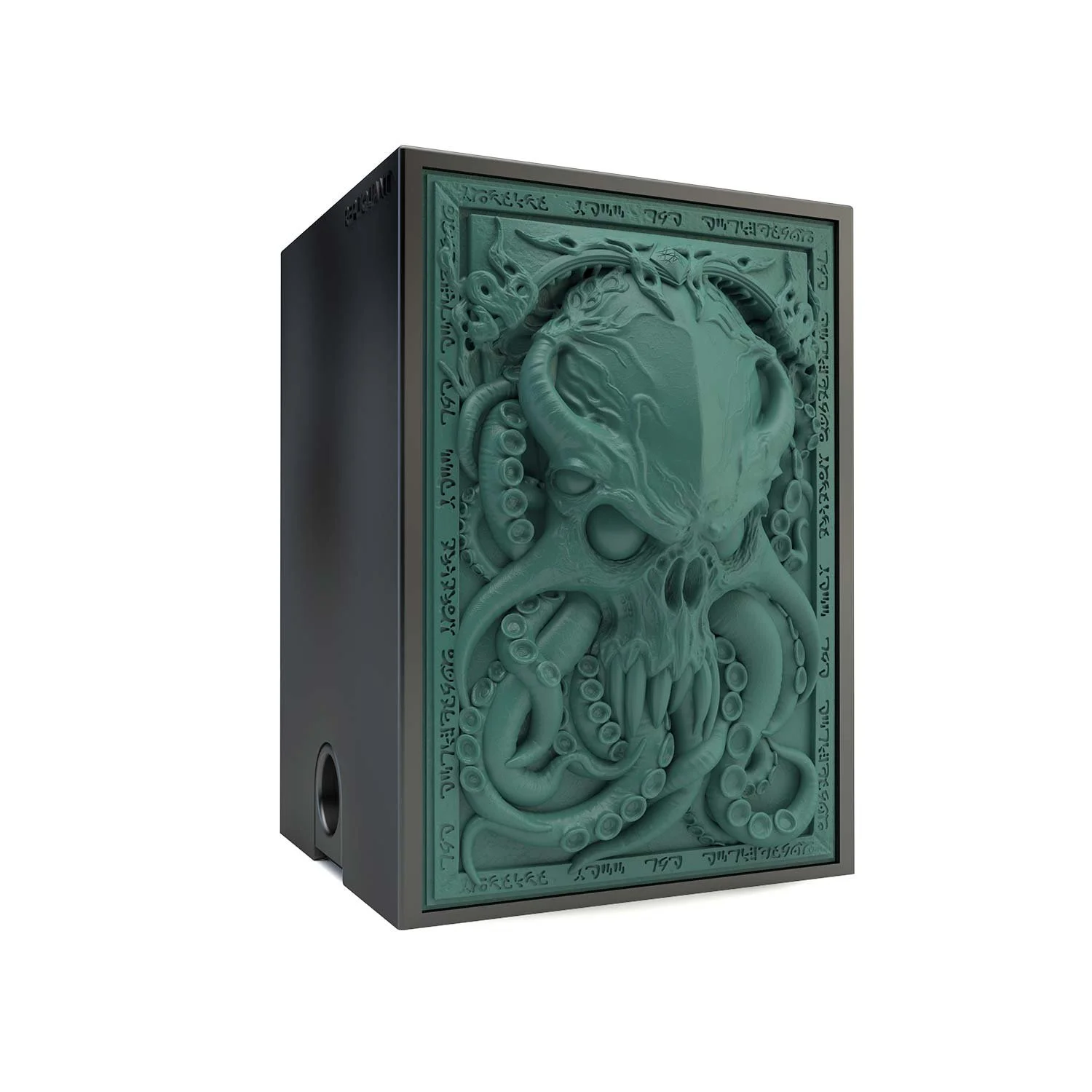 Tour à dé sculptée sculptée verte représentant Cthulhu. Idéal pour lancer et transporter vos dés. Vue de gauche, boité fermée.