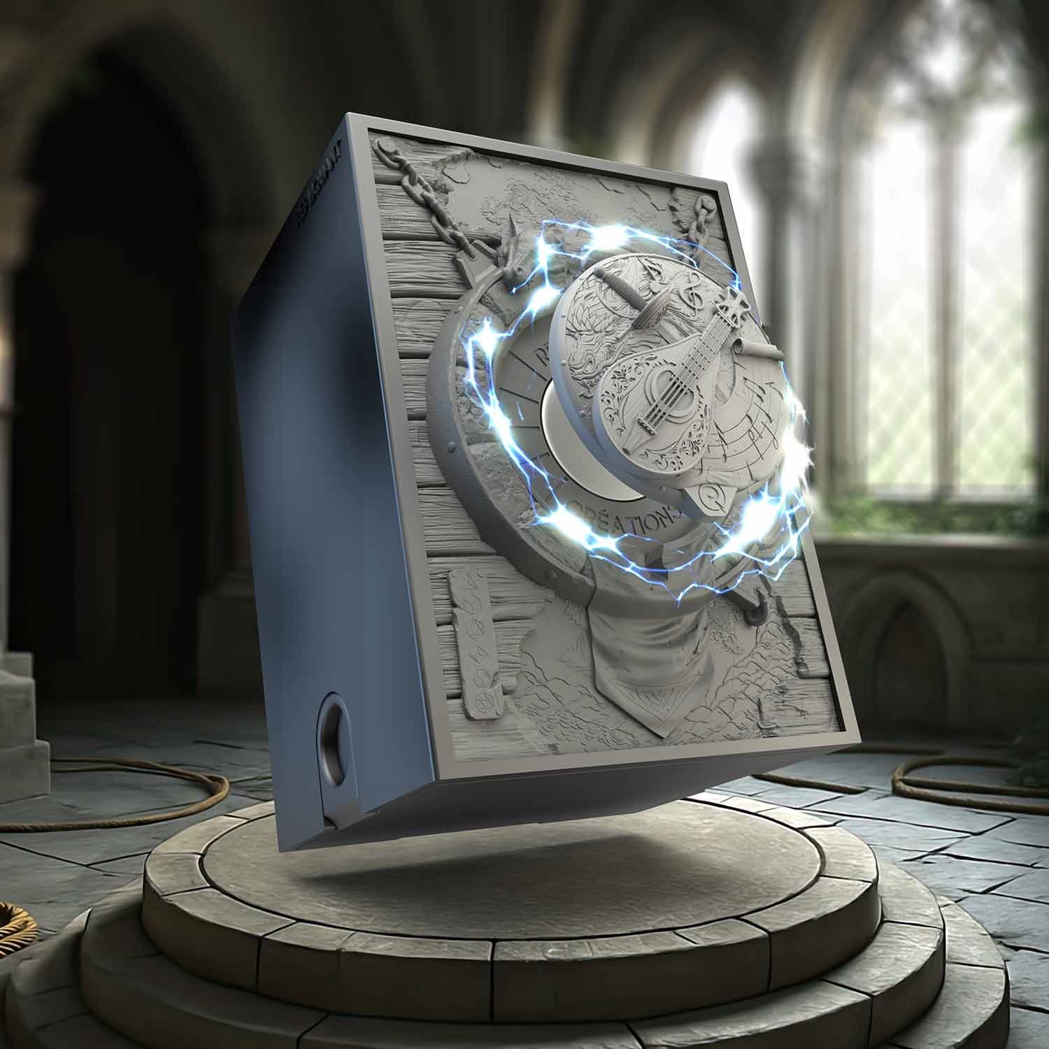Image vignette de la tour à dé sculptée représentant un symbole barde gris. Format compatible avec l’ensemble des sets de dés, en résine peinte ou personnalisable.