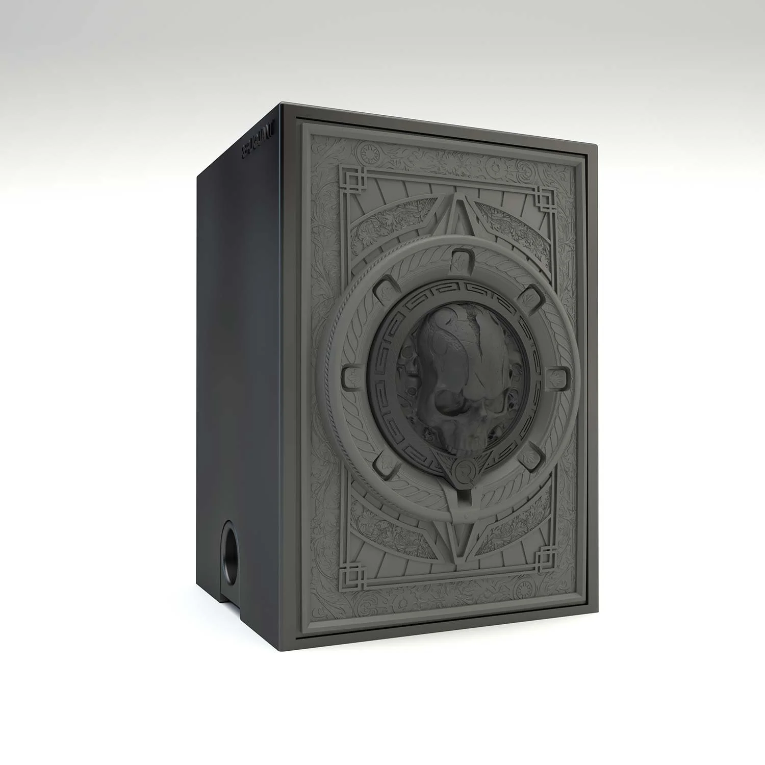 Deck box sculptée sculptée représentant un crane, prêt à protéger les cartes contre l’adversité. Idéal pour protéger et embellir un deck JCC, format 100+ ou 60+15. Vue de gauche, boité fermée.