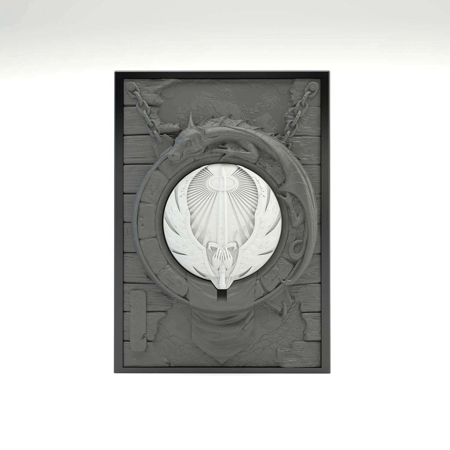 Tour à dé sculptée représentant un symbole paladin blanc, prêt à transporter vos dés et permet de les lancer. Idéal pour lancer et transporter vos dés. Vue de face. Vue de face, boité fermée.