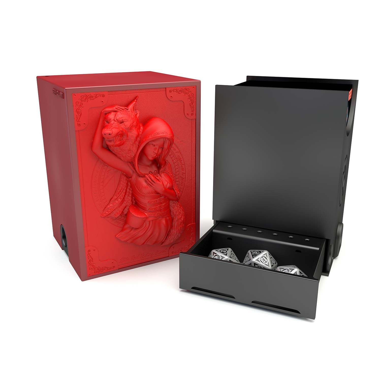 Deck box dans le thème chaperon, intérieur 100+ avec un tiroir pour ranger les dés et absorbeur d’humidité.