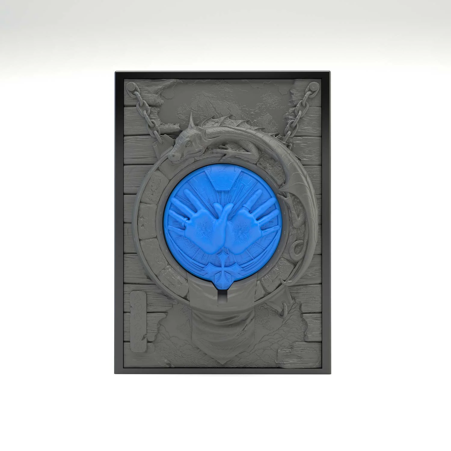 Tour à dé sculptée représentant un symbole clerc bleu, prêt à transporter vos dés et permet de les lancer. Idéal pour lancer et transporter vos dés. Vue de face. Vue de face, boité fermée.