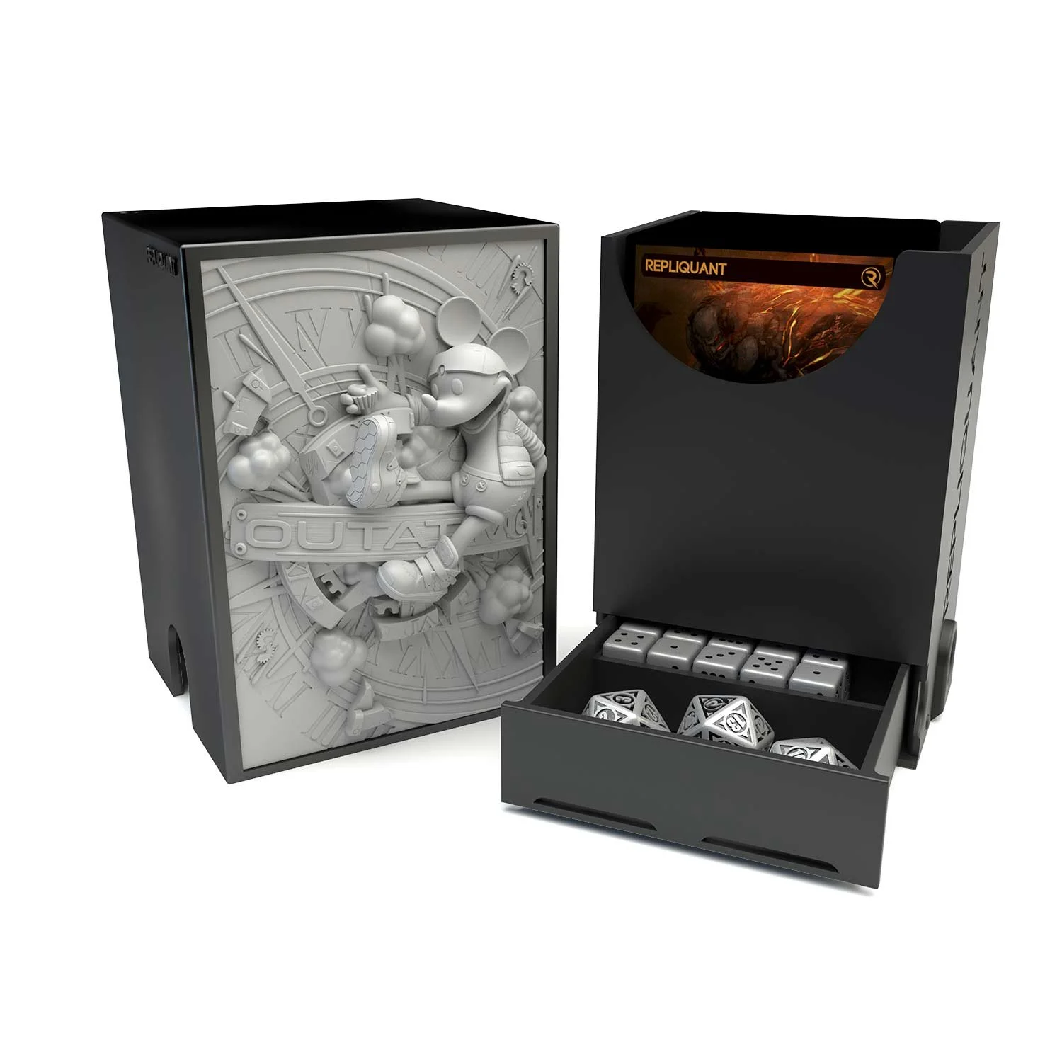 Deck box dans le thème Outatime, intérieur 60+15 avec un tiroir pour ranger les dés et absorbeur d’humidité.