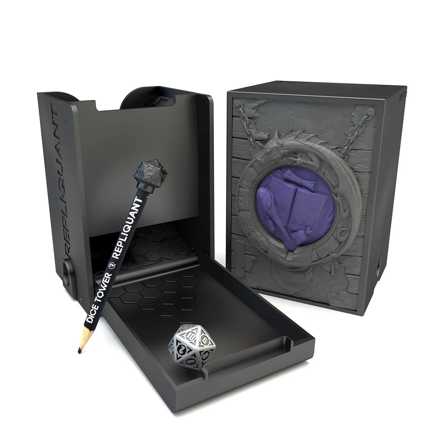 Image vignette de la tour à dé sculptée représentant un symbole magicien violet. Format compatible avec l’ensemble des sets de dés, en résine peinte ou personnalisable.
