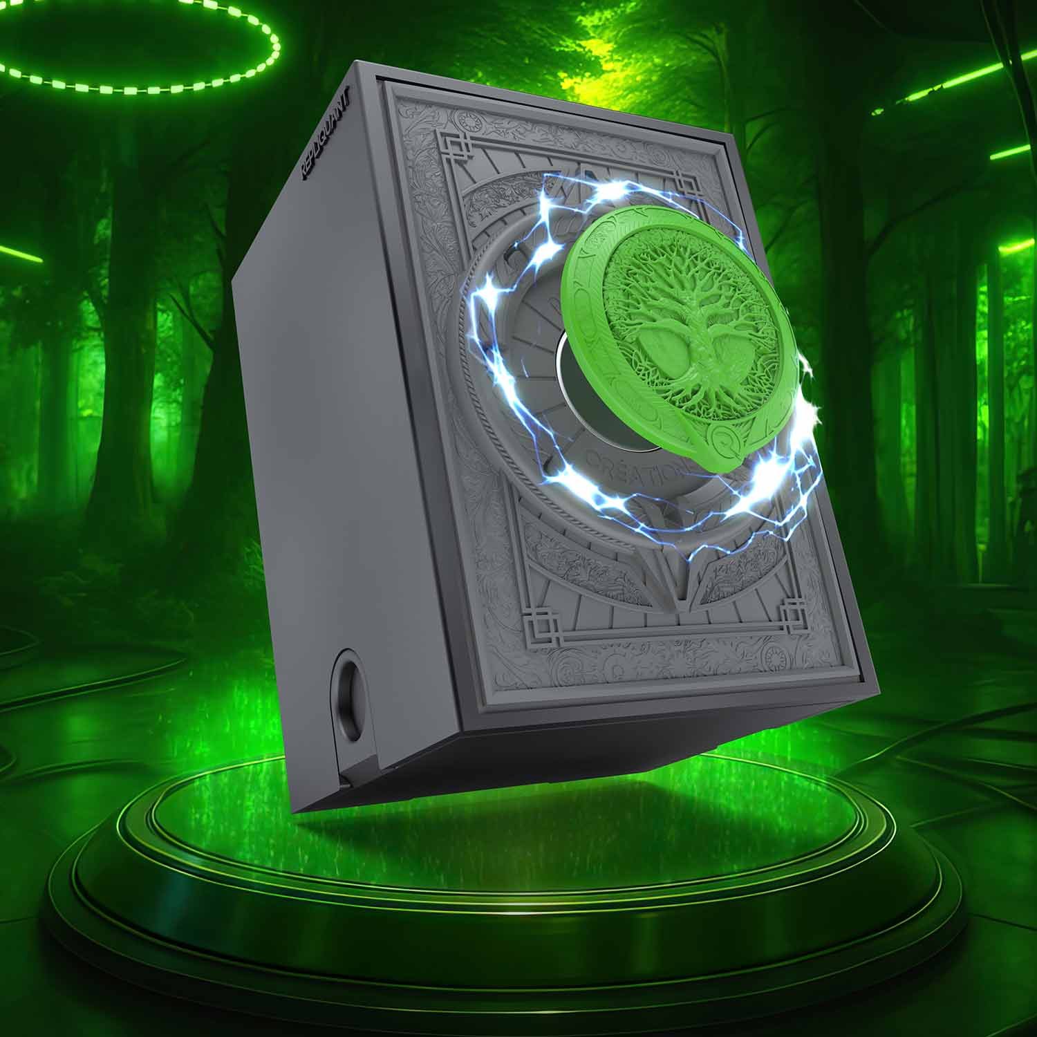 Image vignette de la deck box sculptée représentant yggdrasil, prêt à protéger les cartes contre l’adversité. Format compatible JCC, en résine peinte ou personnalisable.