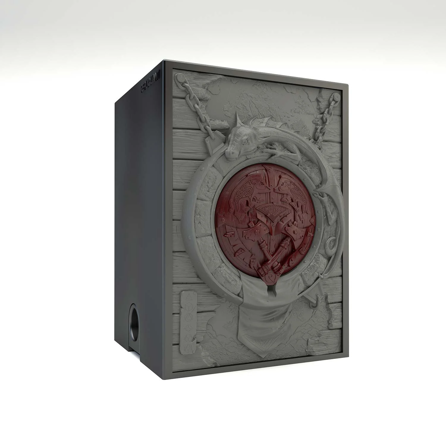 Tour à dé sculptée représentant un symbole Barbare rouge, Idéal pour lancer et transporter vos dés. Vue de gauche. Vue de droite, boité fermée.