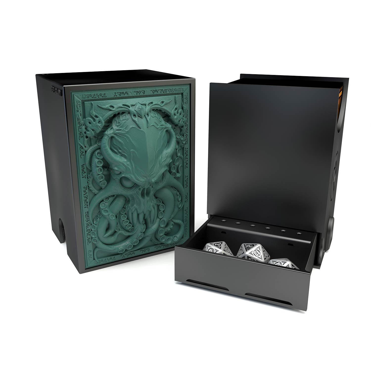 Deck box dans le thème Cthulhu, intérieur 100+ avec un tiroir pour ranger les dés et absorbeur d’humidité.