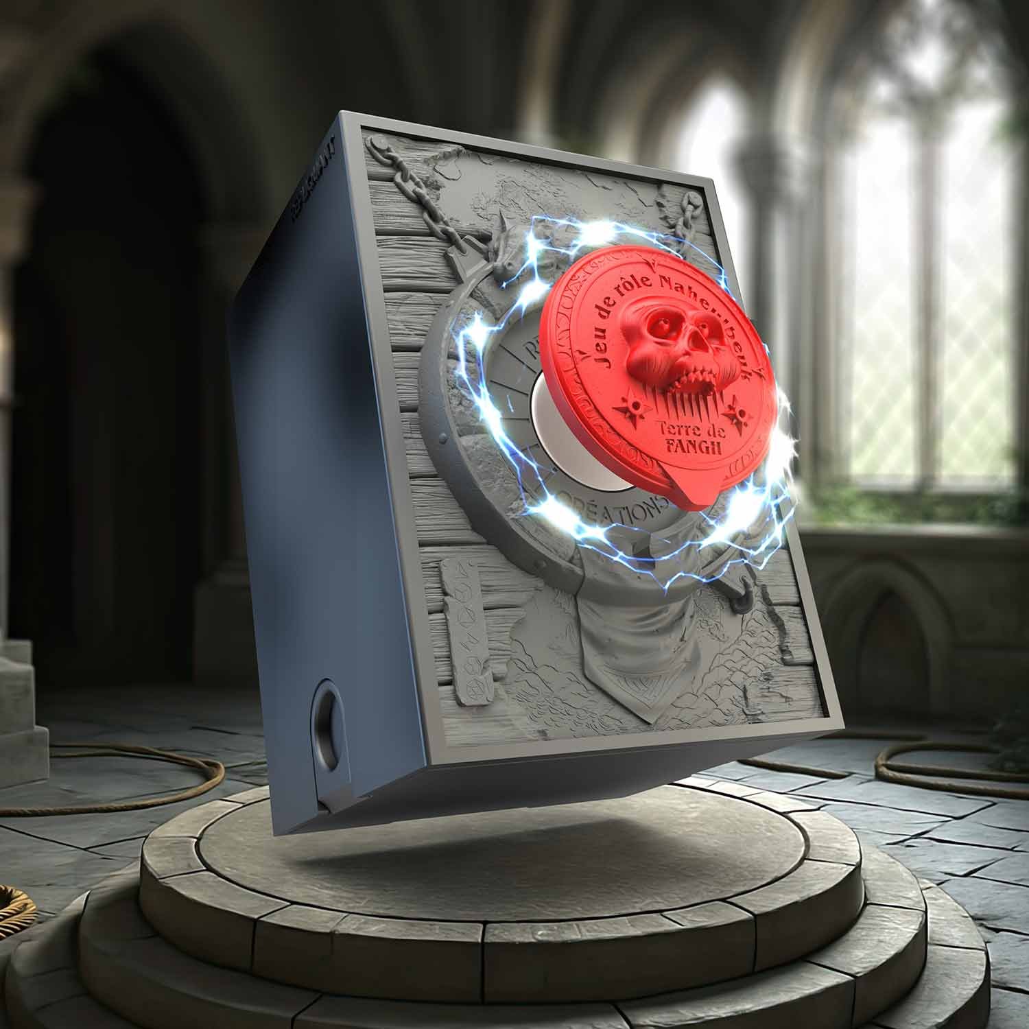 Image vignette de la tour à dé sculptée représentant le logo jdr Naheulbeuk en rouge. Format compatible avec l’ensemble des sets de dés, en résine peinte ou personnalisable.