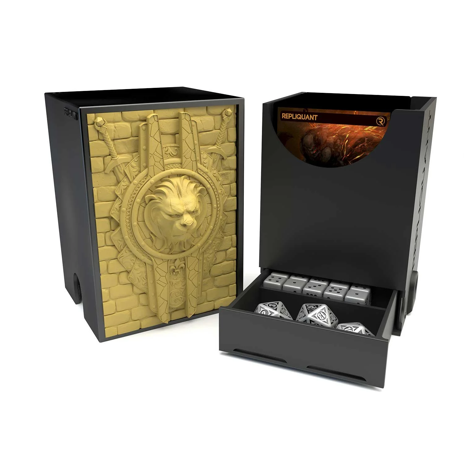 Deck box dans le thème lion, intérieur 60+15 avec un tiroir pour ranger les dés et absorbeur d’humidité.