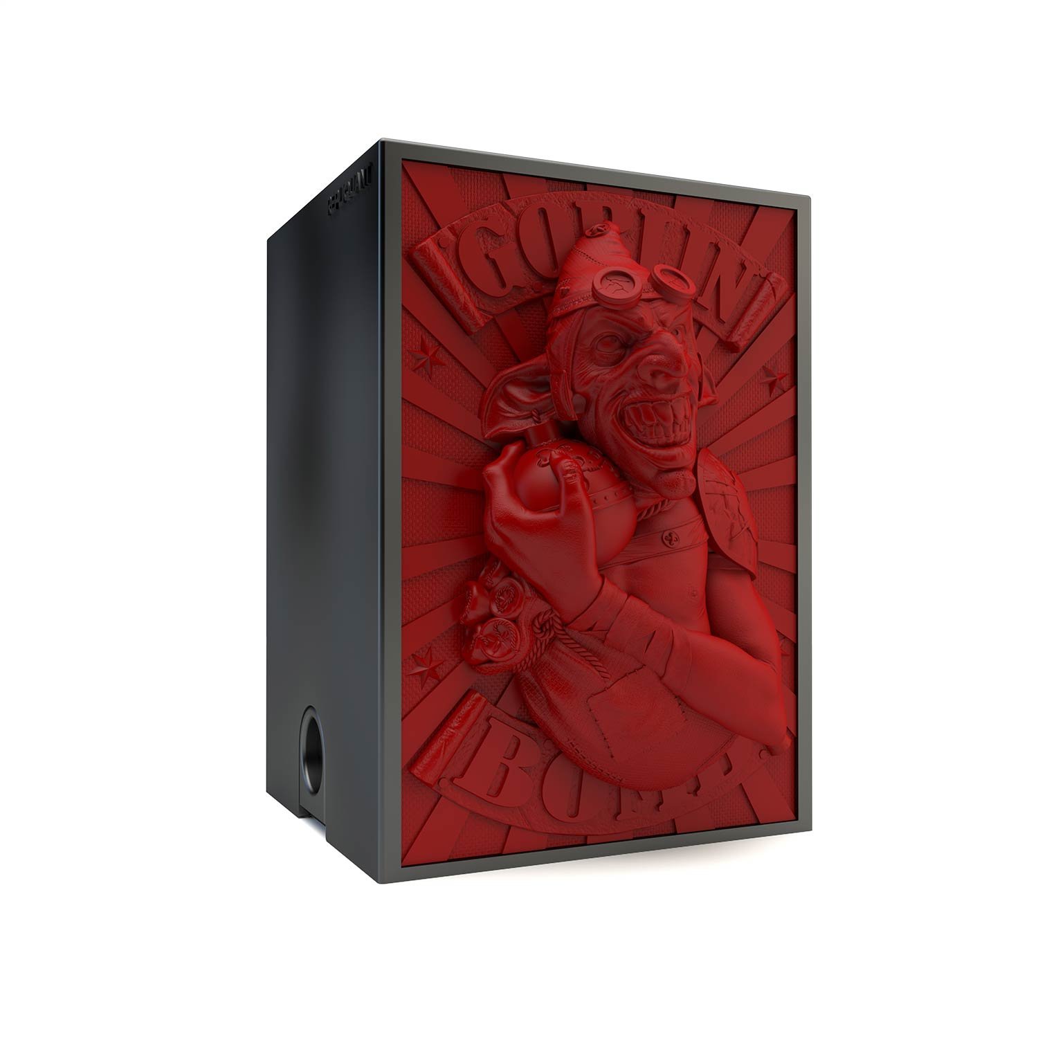 Deck box sculptée rouge représentant un goblin prêt à se faire éclater. Idéal pour protéger et embellir un deck JCC, format 100+ ou 60+15. Vue de gauche, boité fermée.