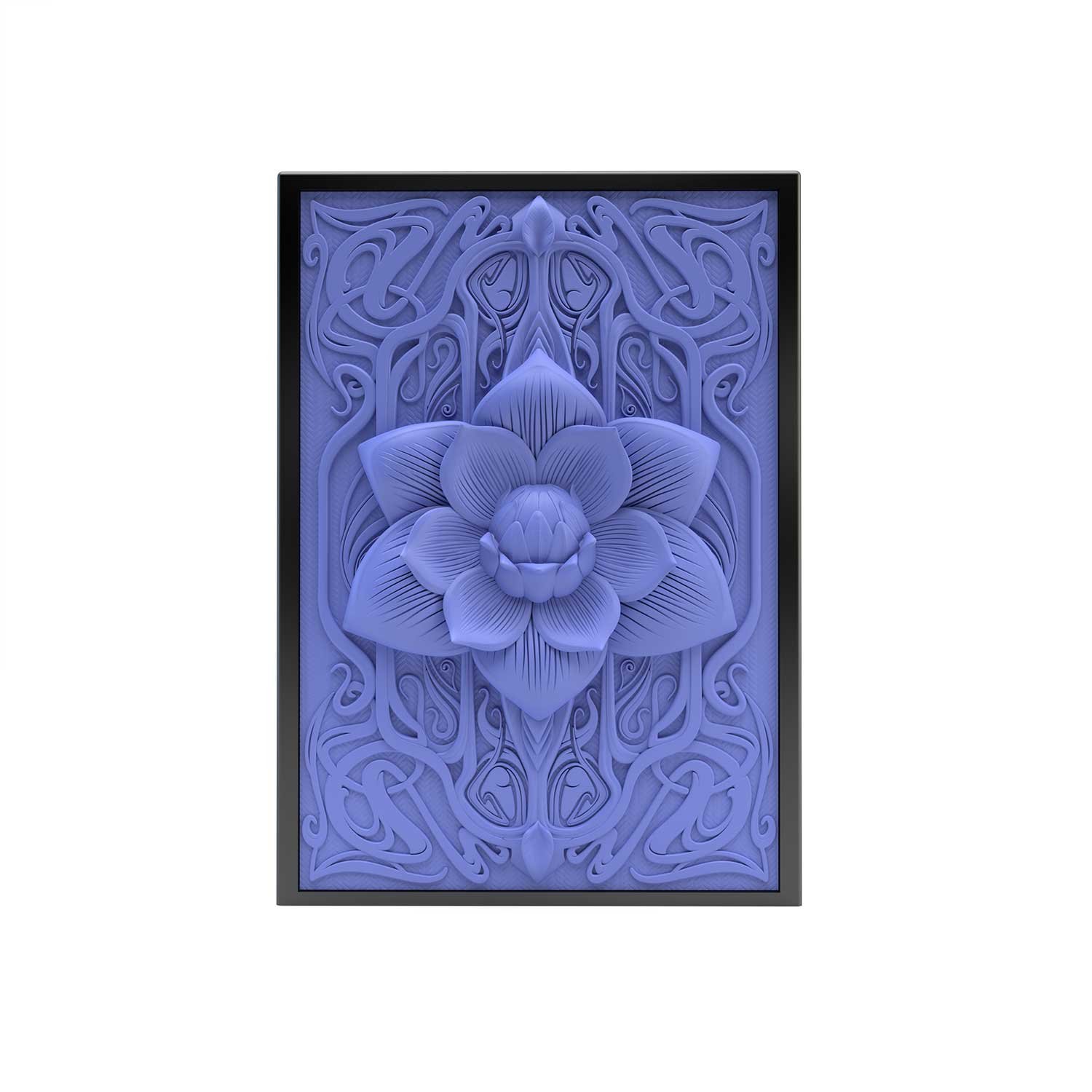 Deck box sculptée avec un lotus dans le style art déco. Idéal pour protéger et embellir un deck JCC, format 100+ ou 60+15. Vue de face, boité fermée.