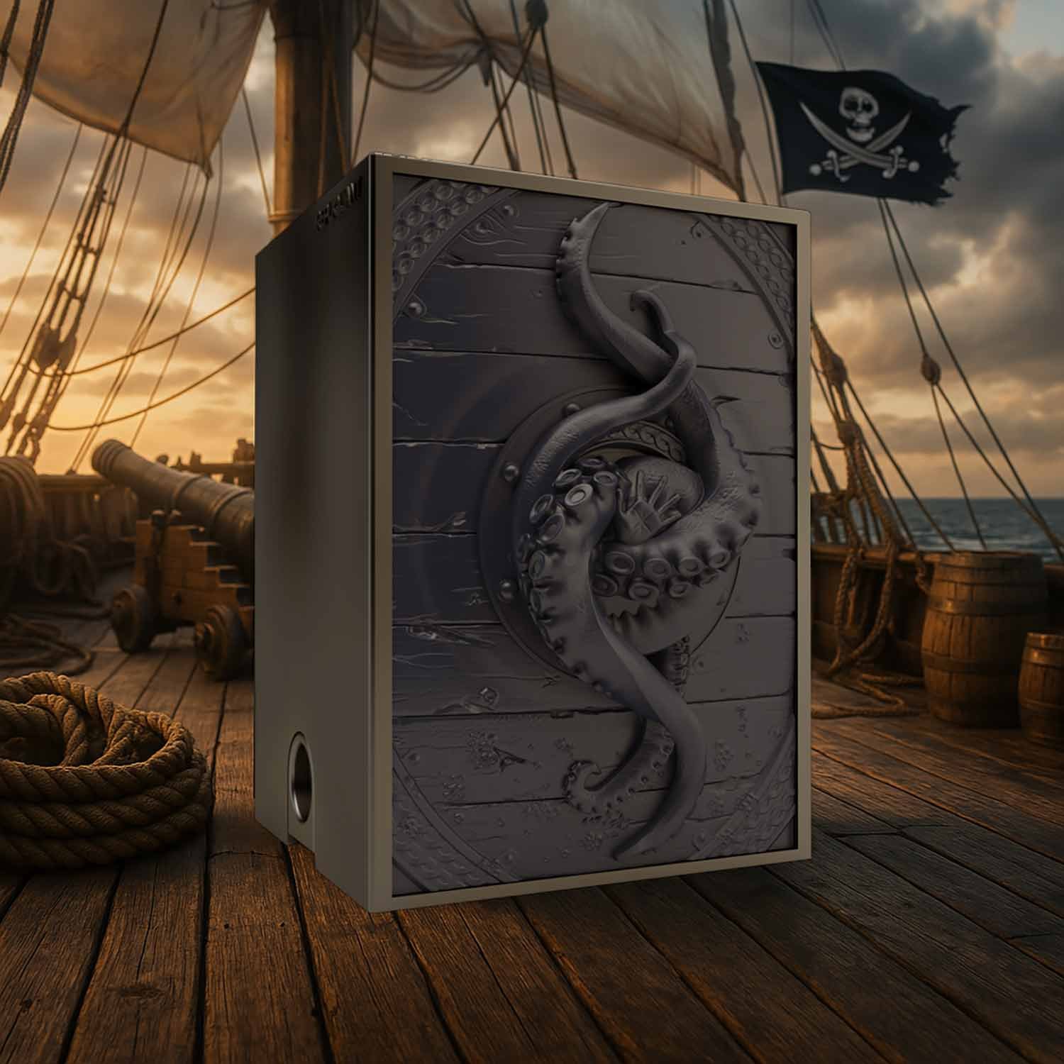 Image vignette de la deck box sculptée avec des tentacules de Kraken bleu. Format compatible JCC, en résine peinte ou personnalisable.