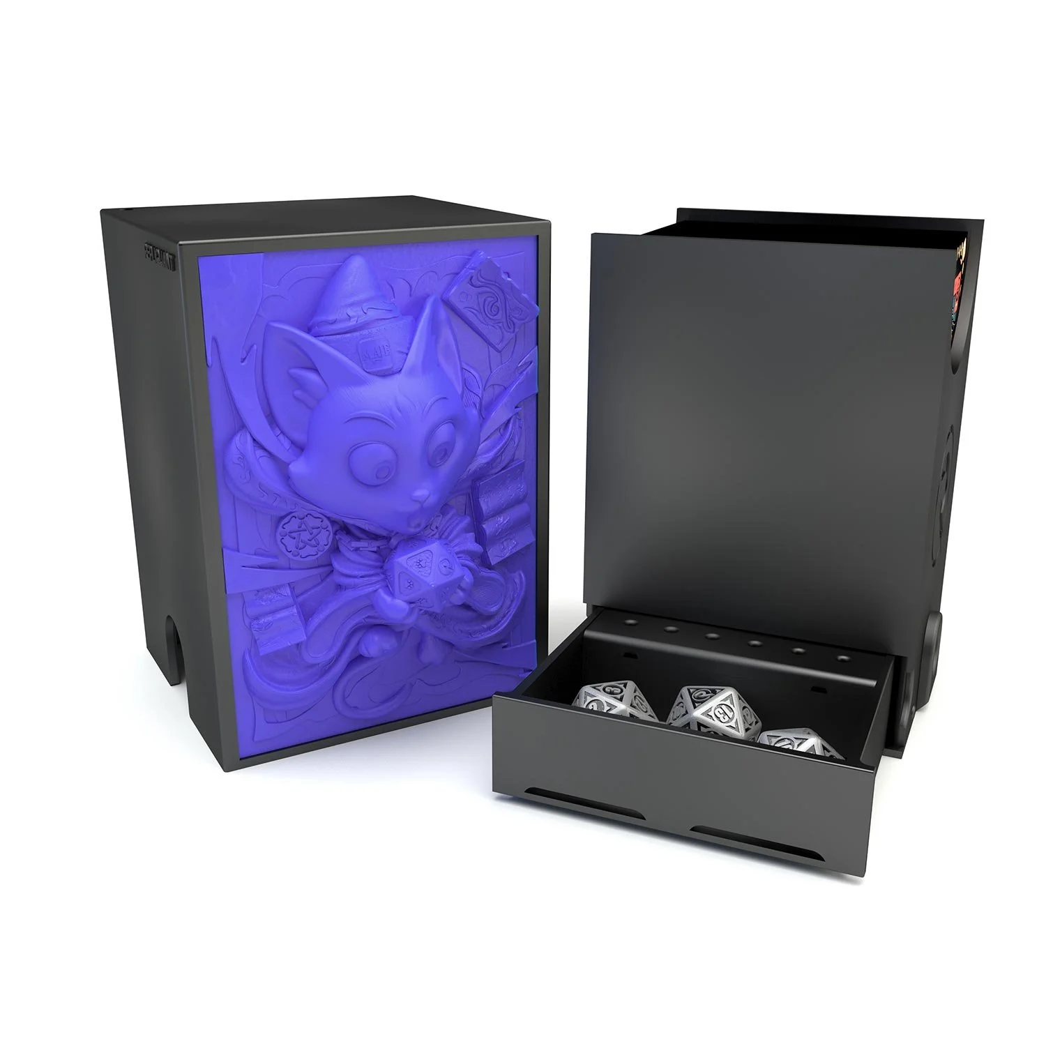 Deck box dans le thème chat, intérieur 100+ avec un tiroir pour ranger les dés et absorbeur d’humidité.