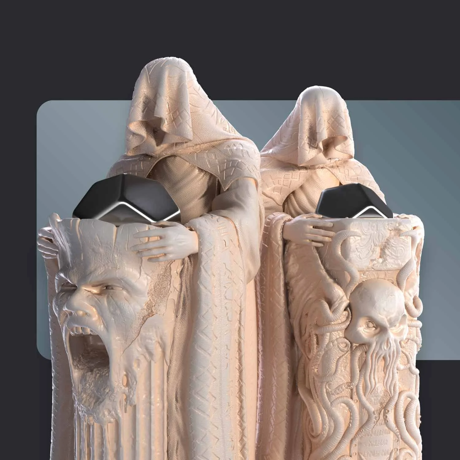 Accessoire de jeu : sculpture miniature du rituel, quatre satanistes font une incantation.