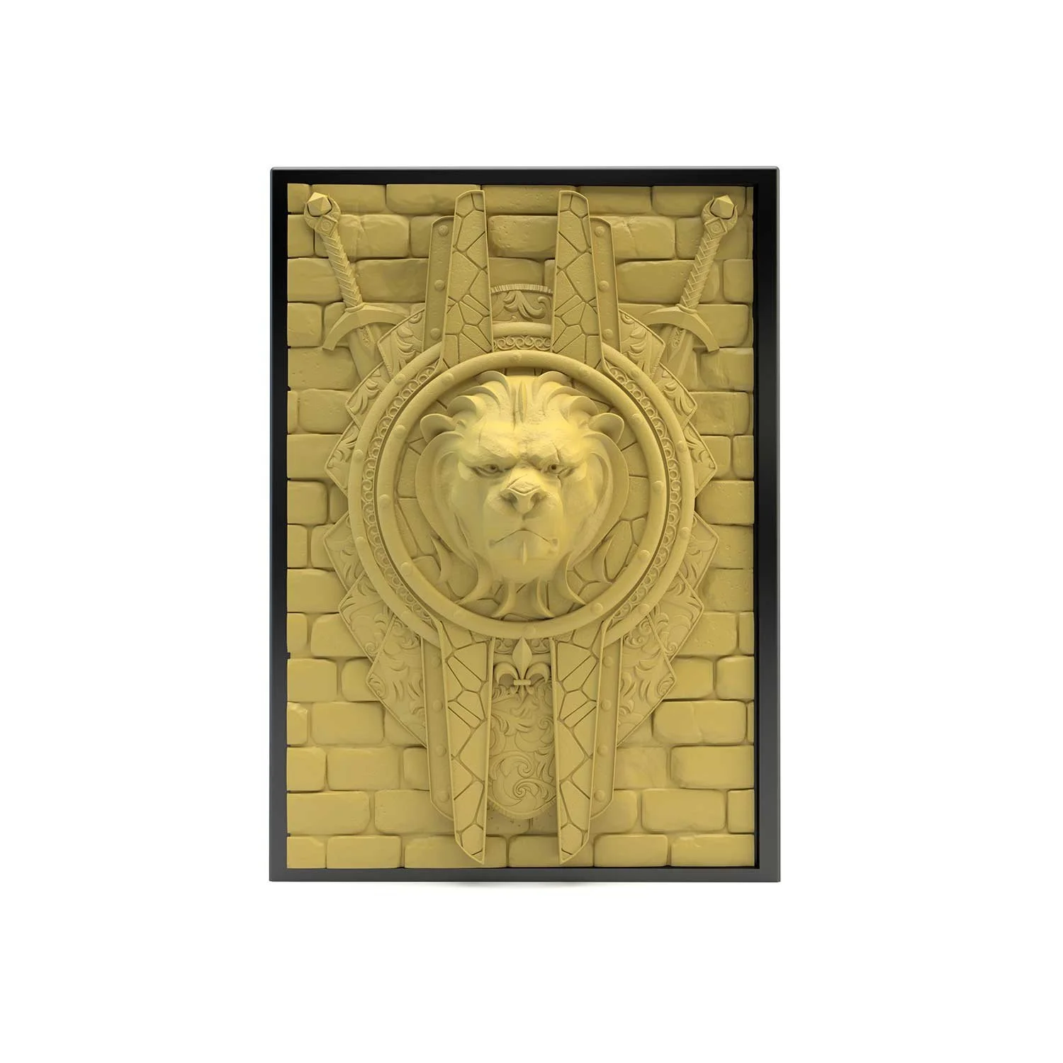 Deck box sculptée d’un bouclier avec une tête de lion. Idéal pour protéger et embellir un deck JCC, format 100+ ou 60+15. Vue de face, boité fermée.