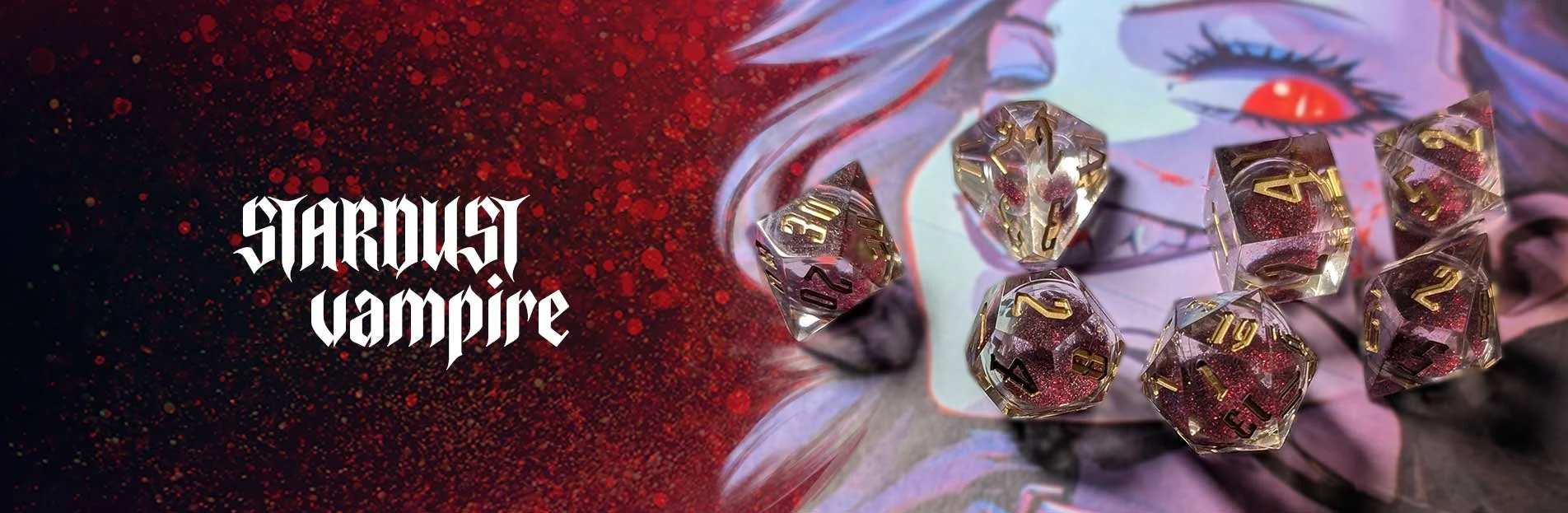 JDR set de dés, liquid core, The Vampire in style gothique avec dés d20, fond rouge et image d'une femme avec maquillage gothique et tête de vampire stylisée