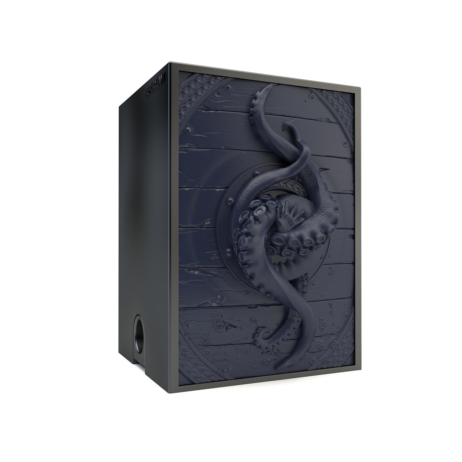Deck box sculptée avec des tentacules de Kraken bleu. Idéal pour protéger et embellir un deck JCC, format 100+ ou 60+15. Vue de gauche, boité fermée.