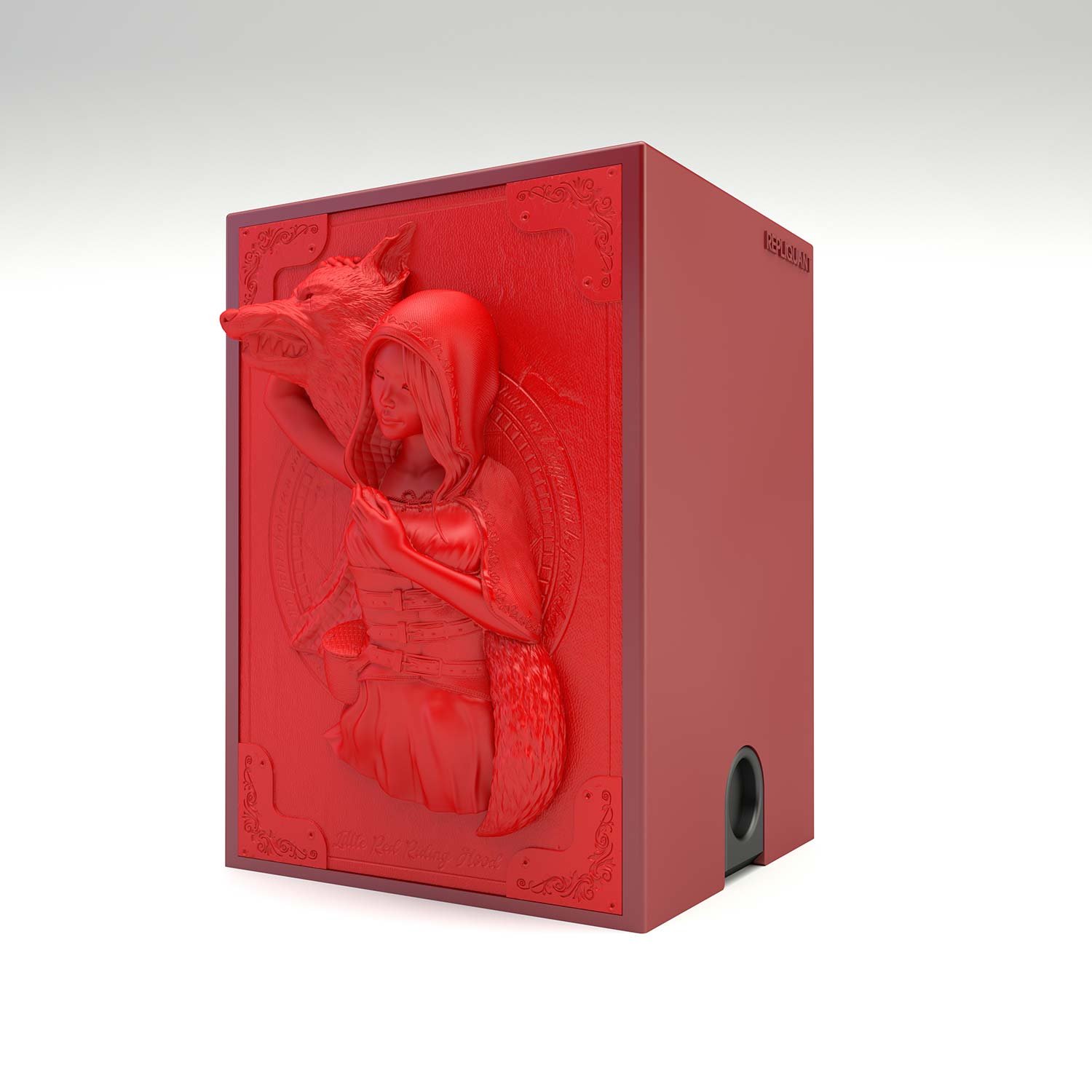 Deck box sculptée du chaperon rouge ayant dompté le grand loup. Idéal pour protéger et embellir un deck JCC, format 100+ ou 60+15. Vue de droite, boité fermée.