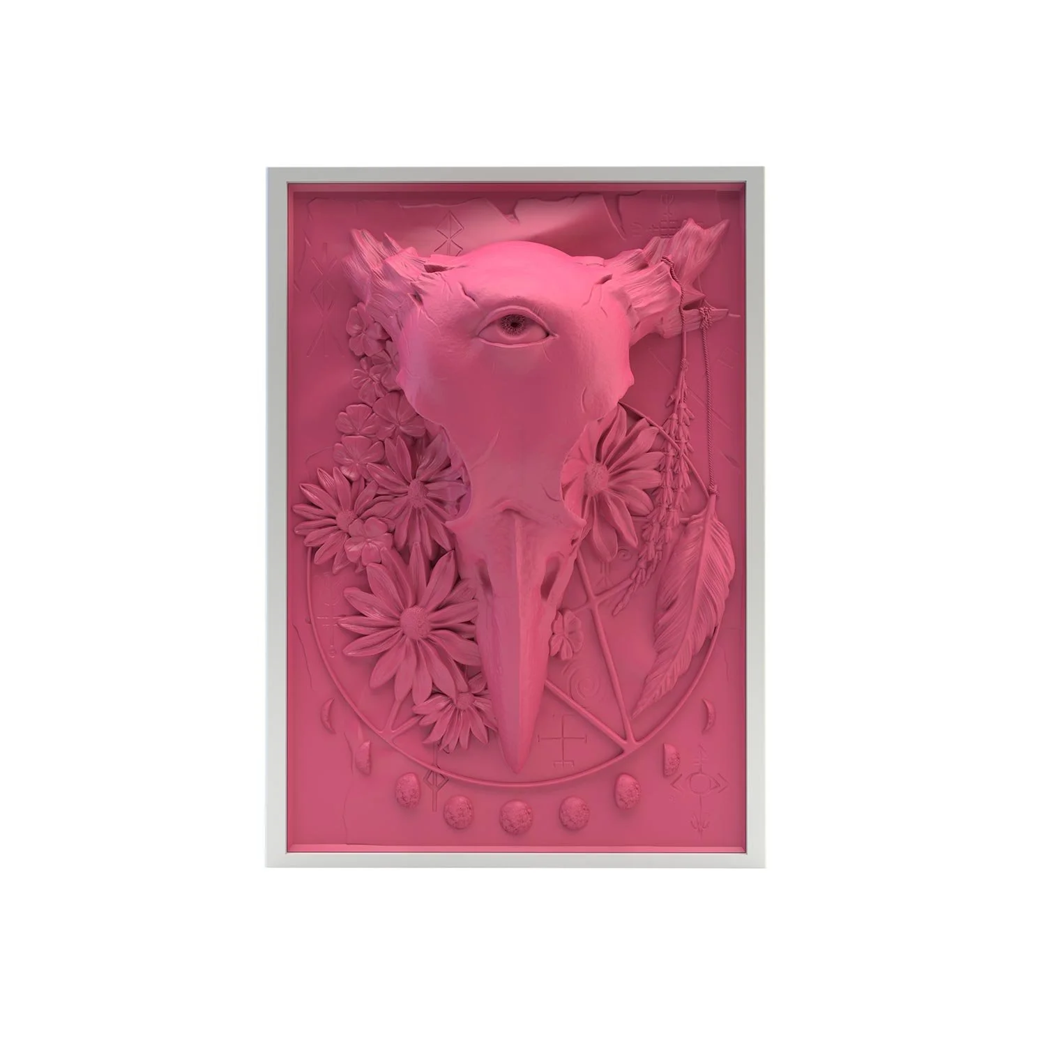 Deck box sculptée d’un crane de corbeau avec un troisième œil. Idéal pour protéger et embellir un deck JCC, format 100+ ou 60+15. Vue de face, boité fermée.