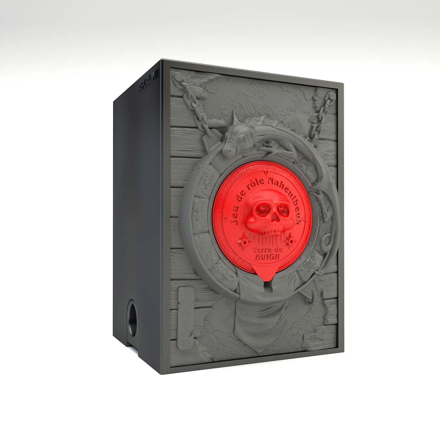 Tour à dé sculptée représentant le logo jdr Naheulbeuk en rouge, Idéal pour lancer et transporter vos dés. Vue de gauche. Vue de droite, boité fermée.