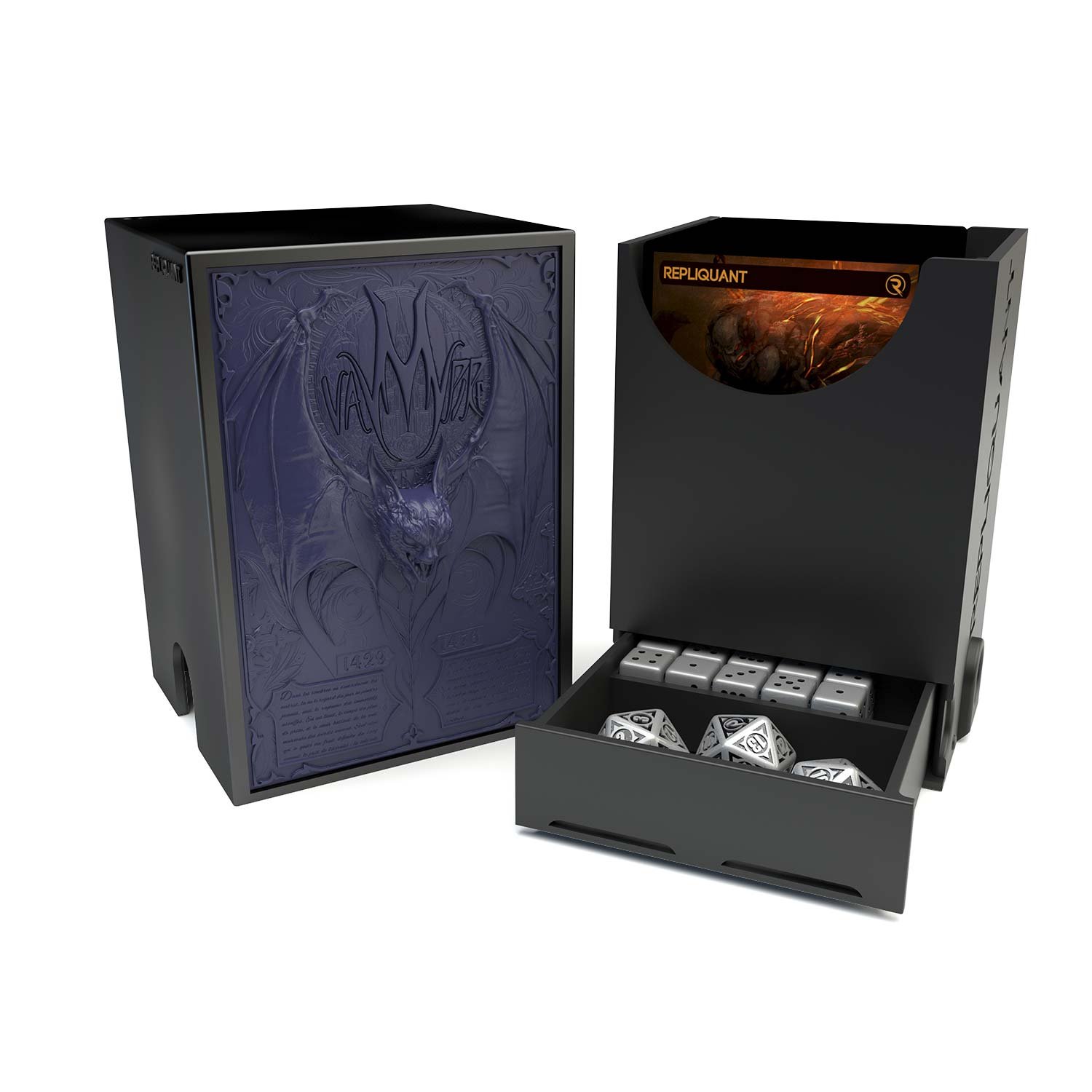 Deck box dans le thème vampire, intérieur 60+15 avec un tiroir pour ranger les dés et absorbeur d’humidité.