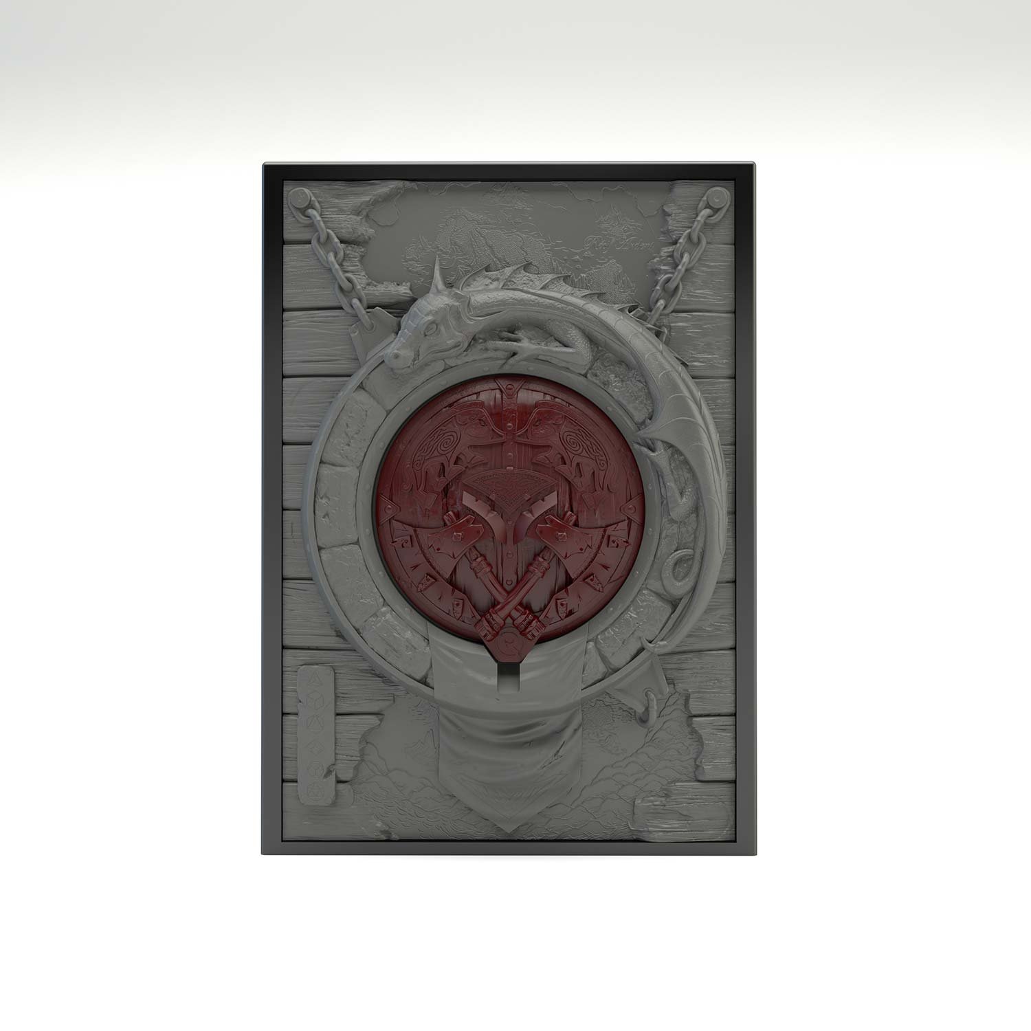 Tour à dé sculptée représentant un symbole Barbare rouge, prêt à transporter vos dés et permet de les lancer. Idéal pour lancer et transporter vos dés. Vue de face. Vue de face, boité fermée.