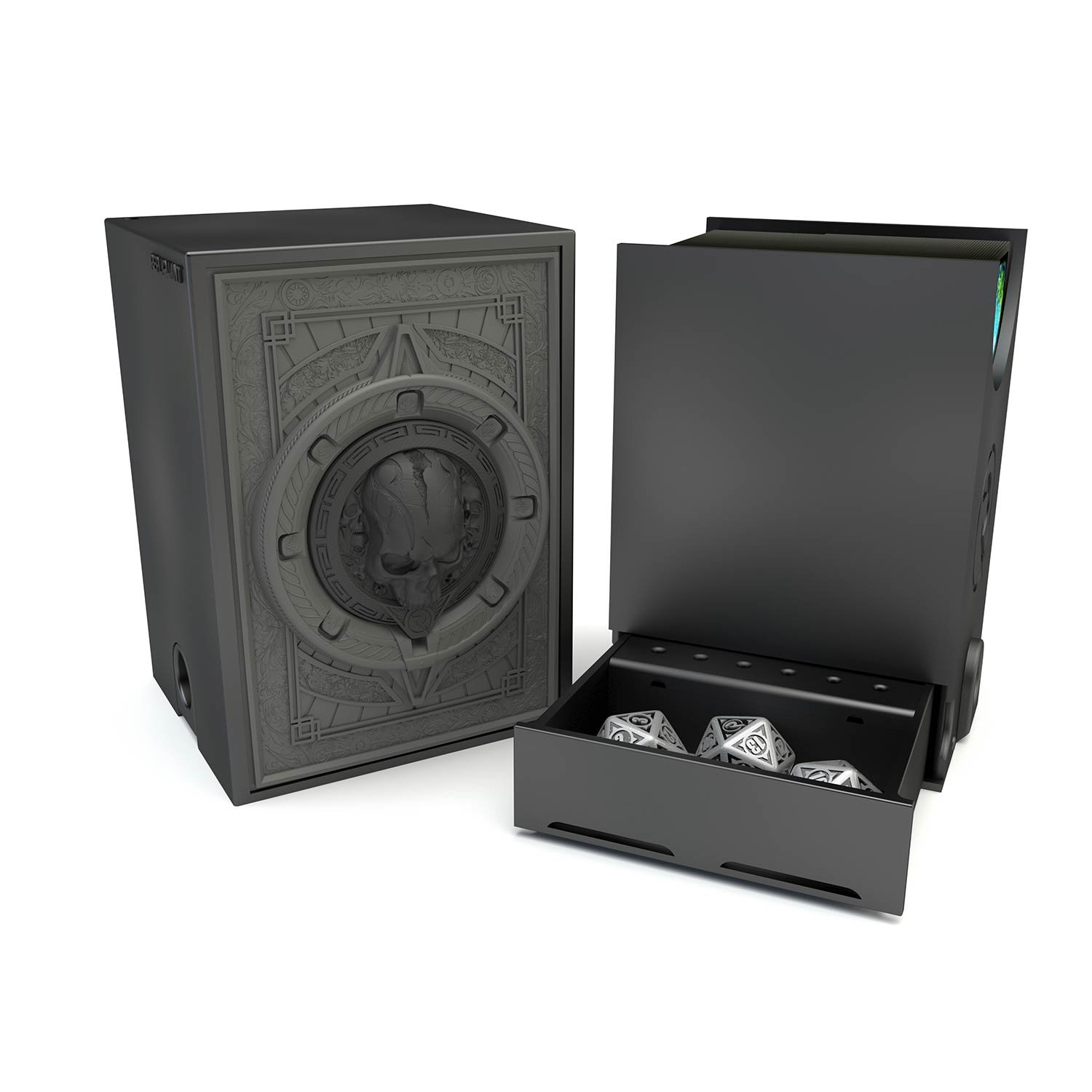 Deck box dans le thème marais, intérieur 100+ avec un tiroir pour ranger les dés et absorbeur d’humidité.