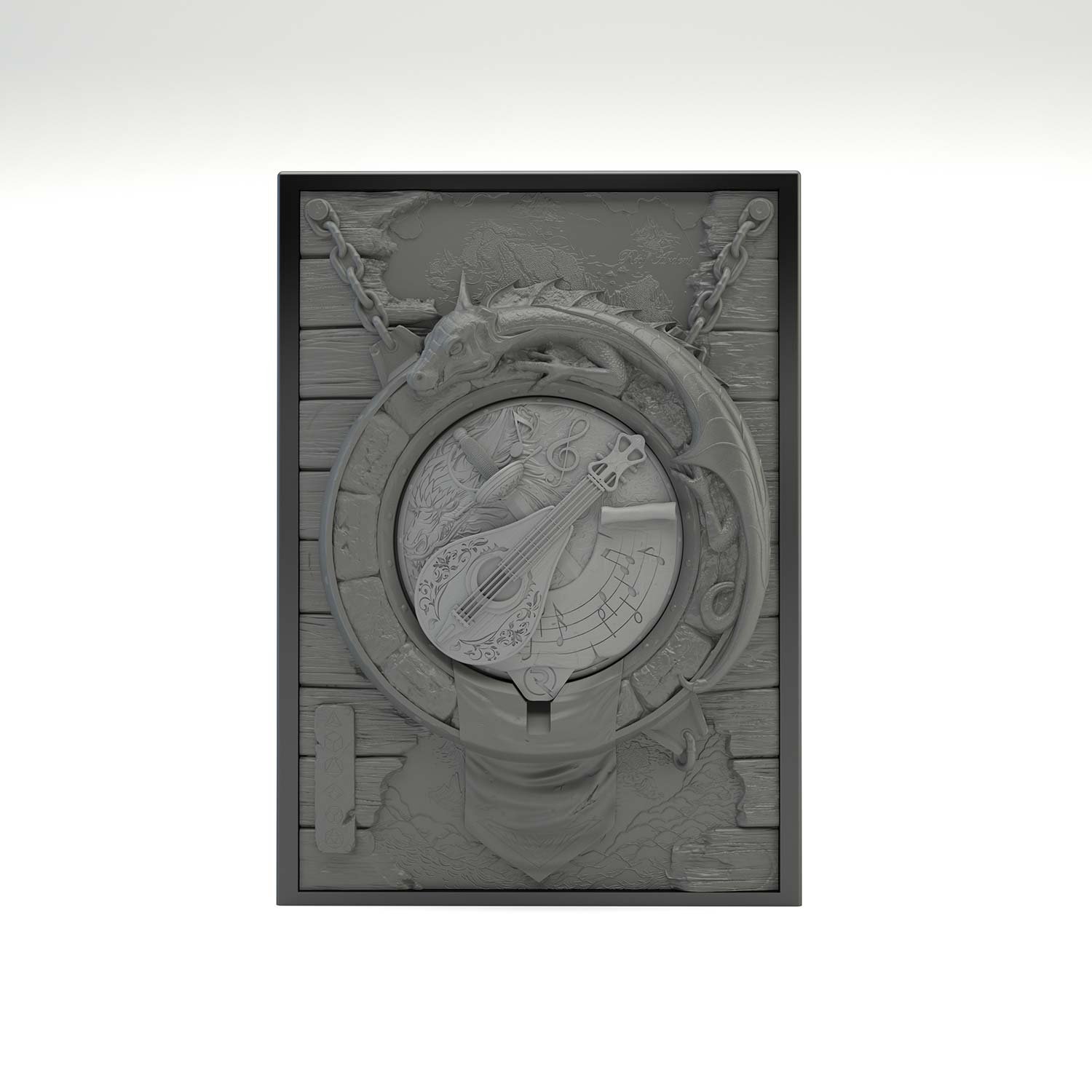 Tour à dé sculptée représentant un symbole barde gris, prêt à transporter vos dés et permet de les lancer. Idéal pour lancer et transporter vos dés. Vue de face. Vue de face, boité fermée.