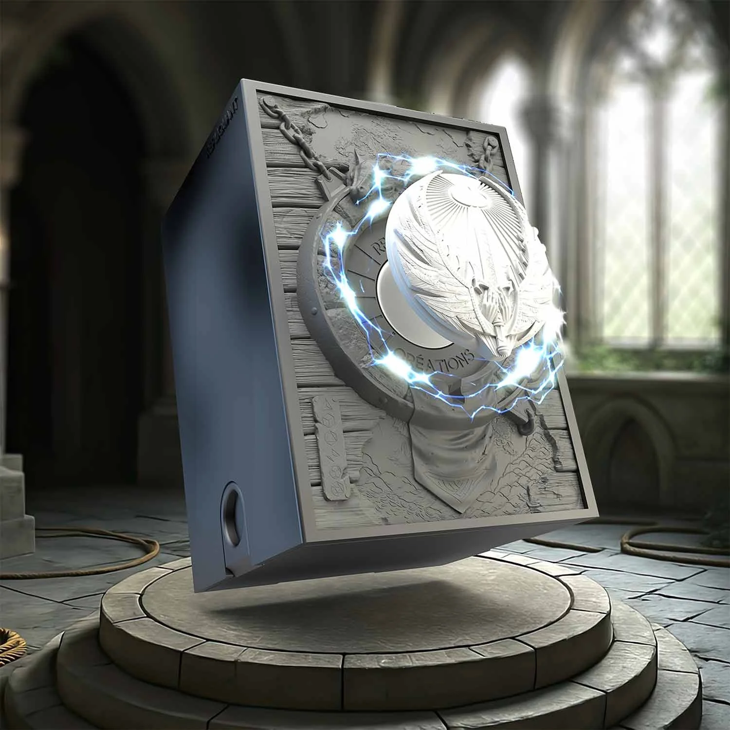 Image vignette de la tour à dé sculptée représentant un symbole paladin blanc. Format compatible avec l’ensemble des sets de dés, en résine peinte ou personnalisable.