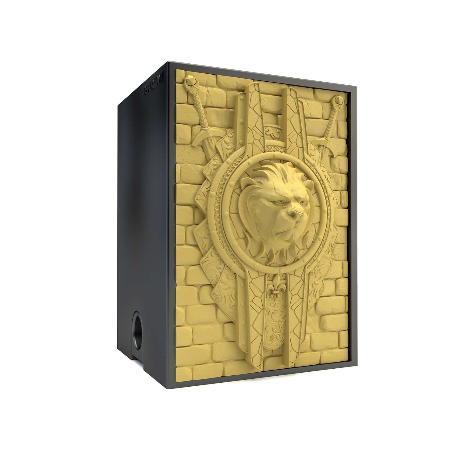 Deck box sculptée d’un bouclier avec une tête de lion. Idéal pour protéger et embellir un deck JCC, format 100+ ou 60+15. Vue de gauche, boité fermée.