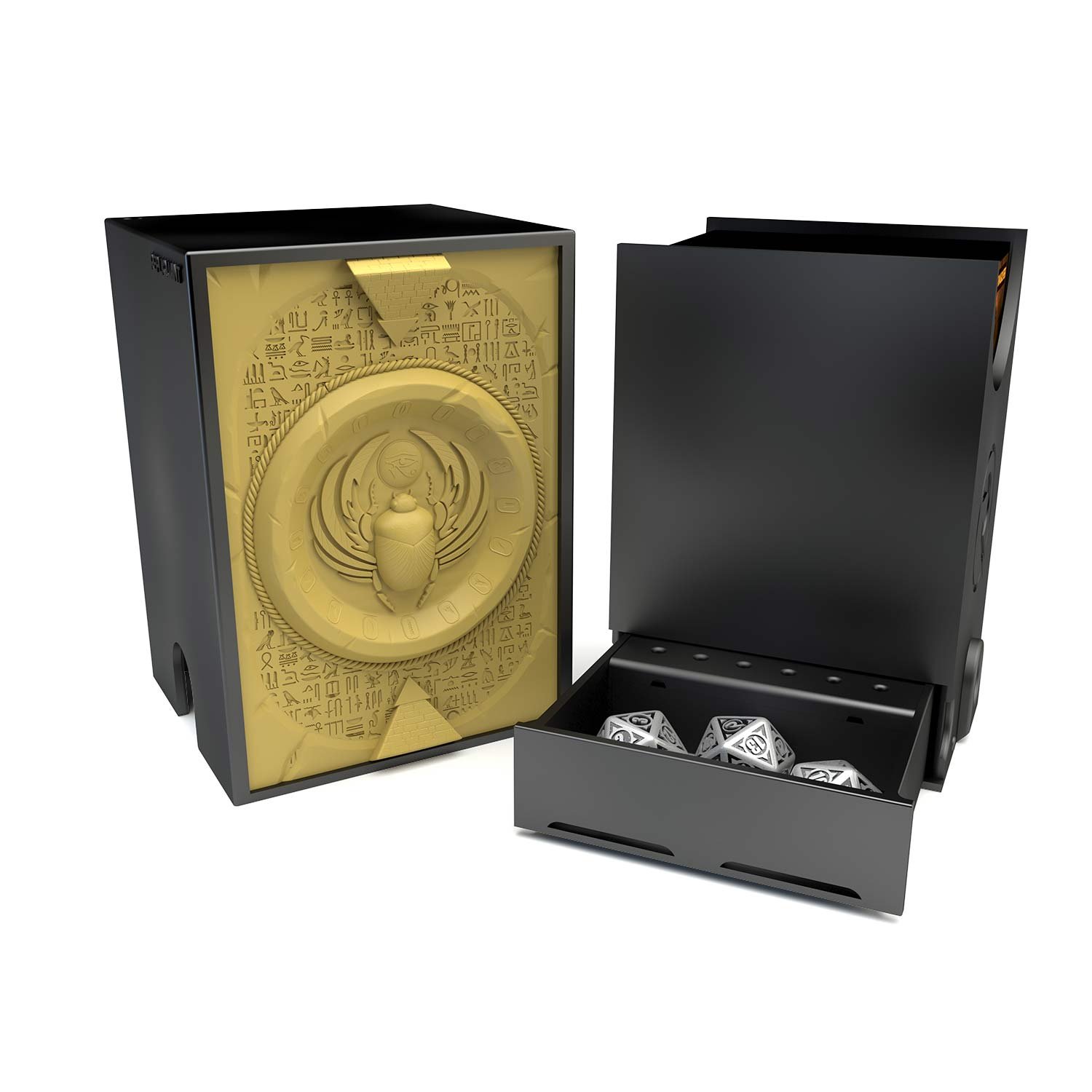 Deck box dans le thème Egypte, intérieur 100+ avec un tiroir pour ranger les dés et absorbeur d’humidité.