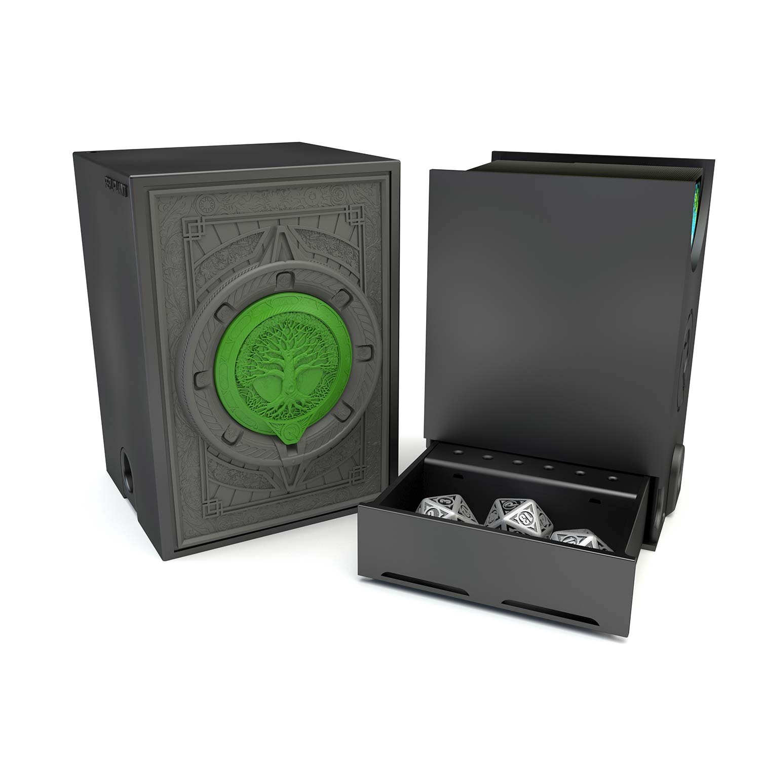 Deck box dans le thème foret, intérieur 100+ avec un tiroir pour ranger les dés et absorbeur d’humidité.