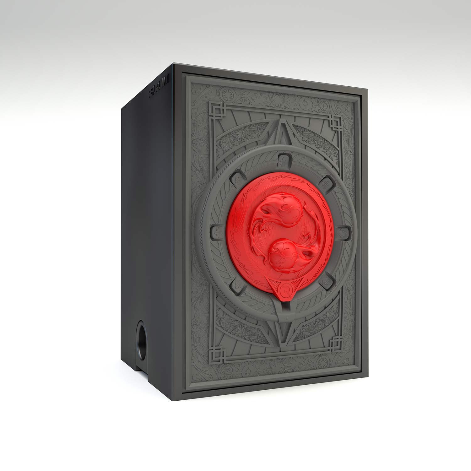 Deck box sculptée représentant deux boules de feu. Idéal pour protéger et embellir un deck JCC, format 100+ ou 60+15. Vue de gauche, boité fermée.