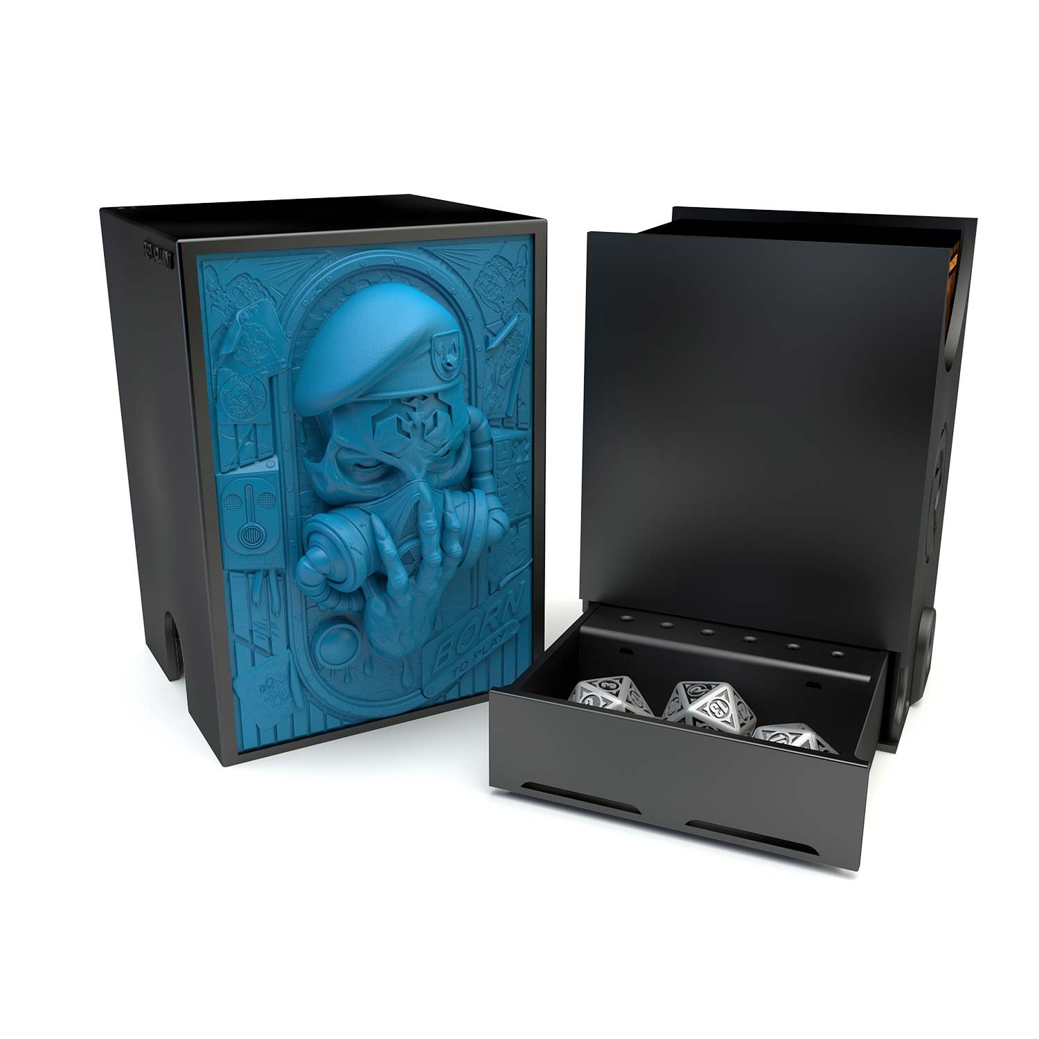 Deck box dans le thème post apocalyptique, intérieur 100+ avec un tiroir pour ranger les dés et absorbeur d’humidité.
