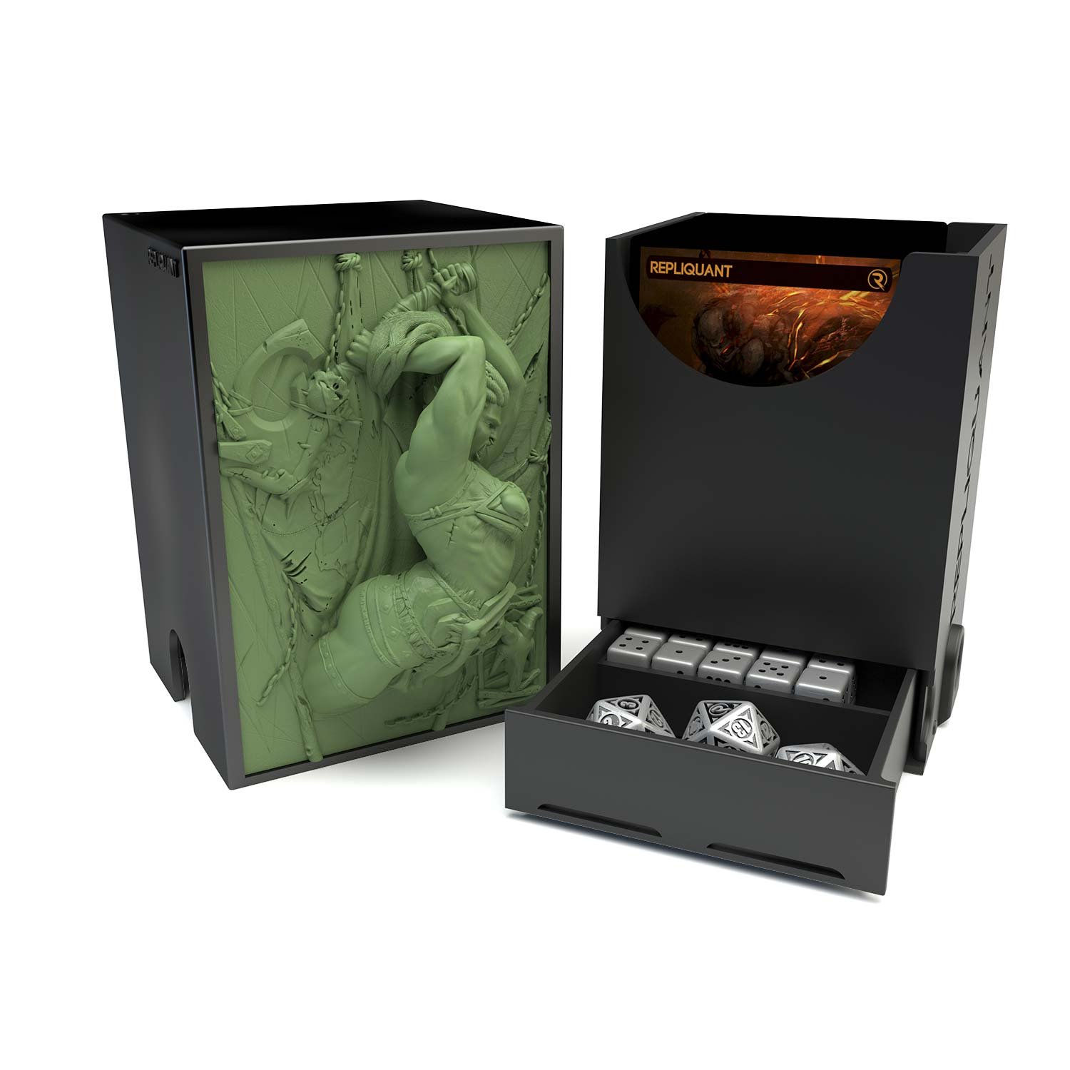 Deck box dans le thème orc, intérieur 60+15 avec un tiroir pour ranger les dés et absorbeur d’humidité.