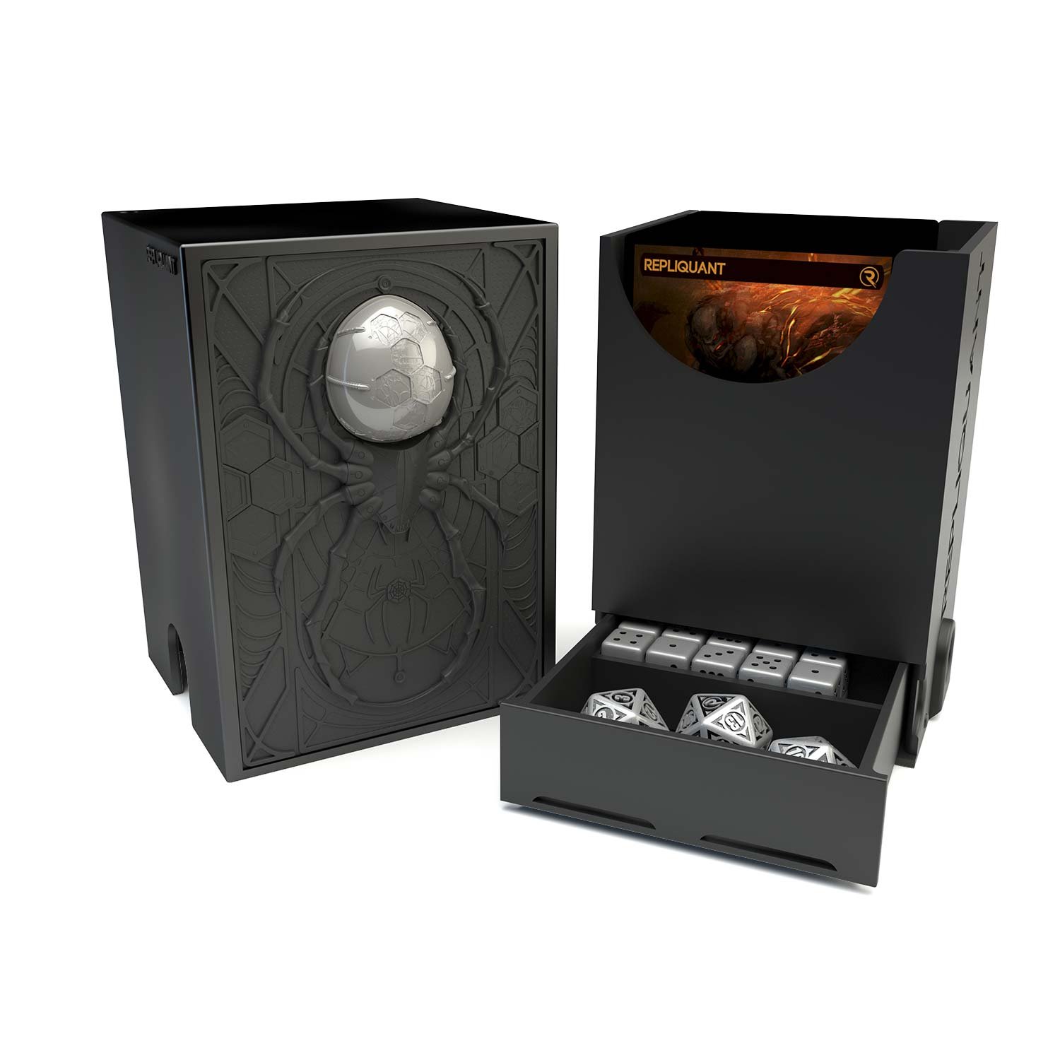 Deck box dans le thème araignée, intérieur 60+15 avec un tiroir pour ranger les dés et absorbeur d’humidité.