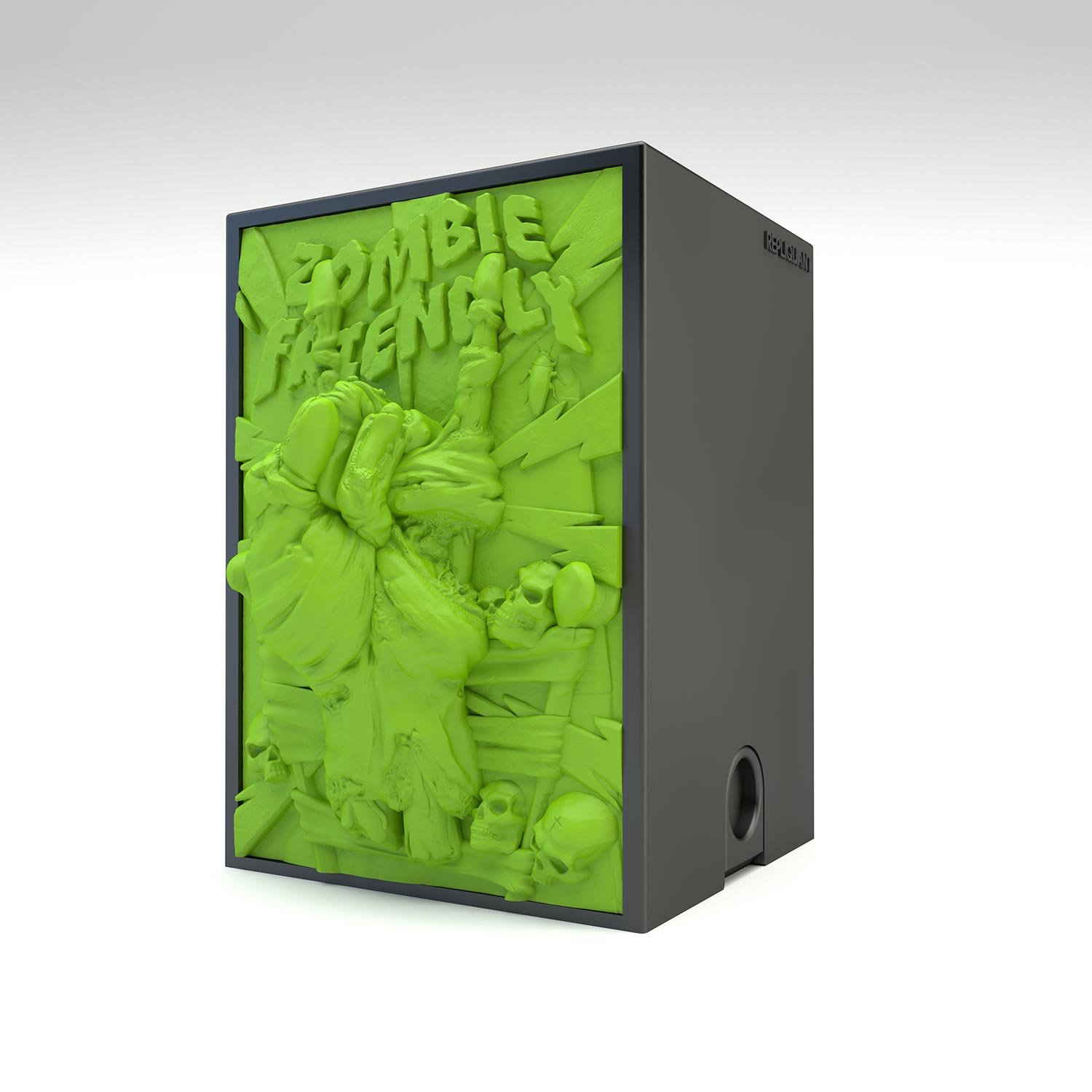 Tour à dé sculptée du signe des cornes en version zombie. Idéal pour lancer et transporter vos dés. Vue de gauche, boité fermée.