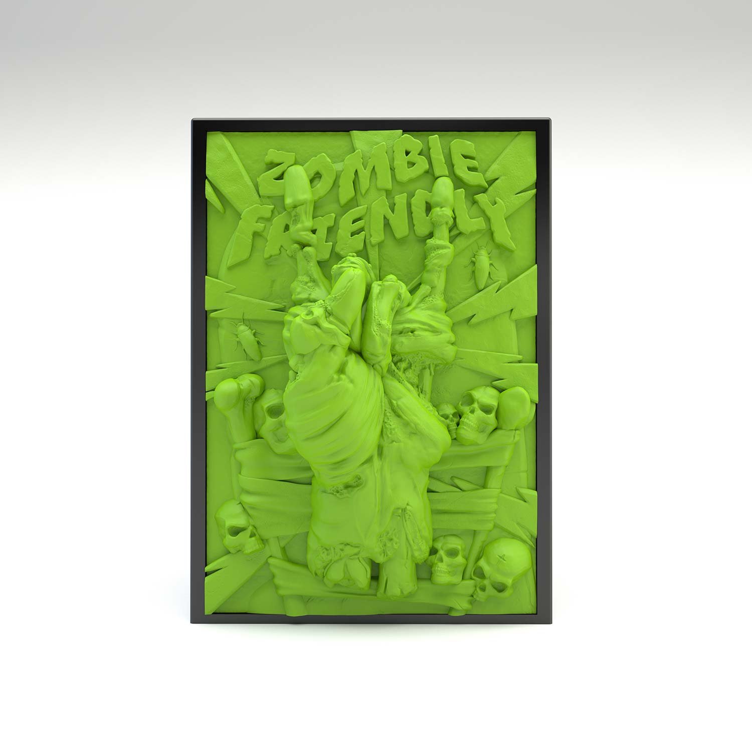 Tour à dé sculptée du signe des cornes en version zombie. Idéal pour lancer et transporter vos dés. Vue de gauche. Vue de face, boité fermée.