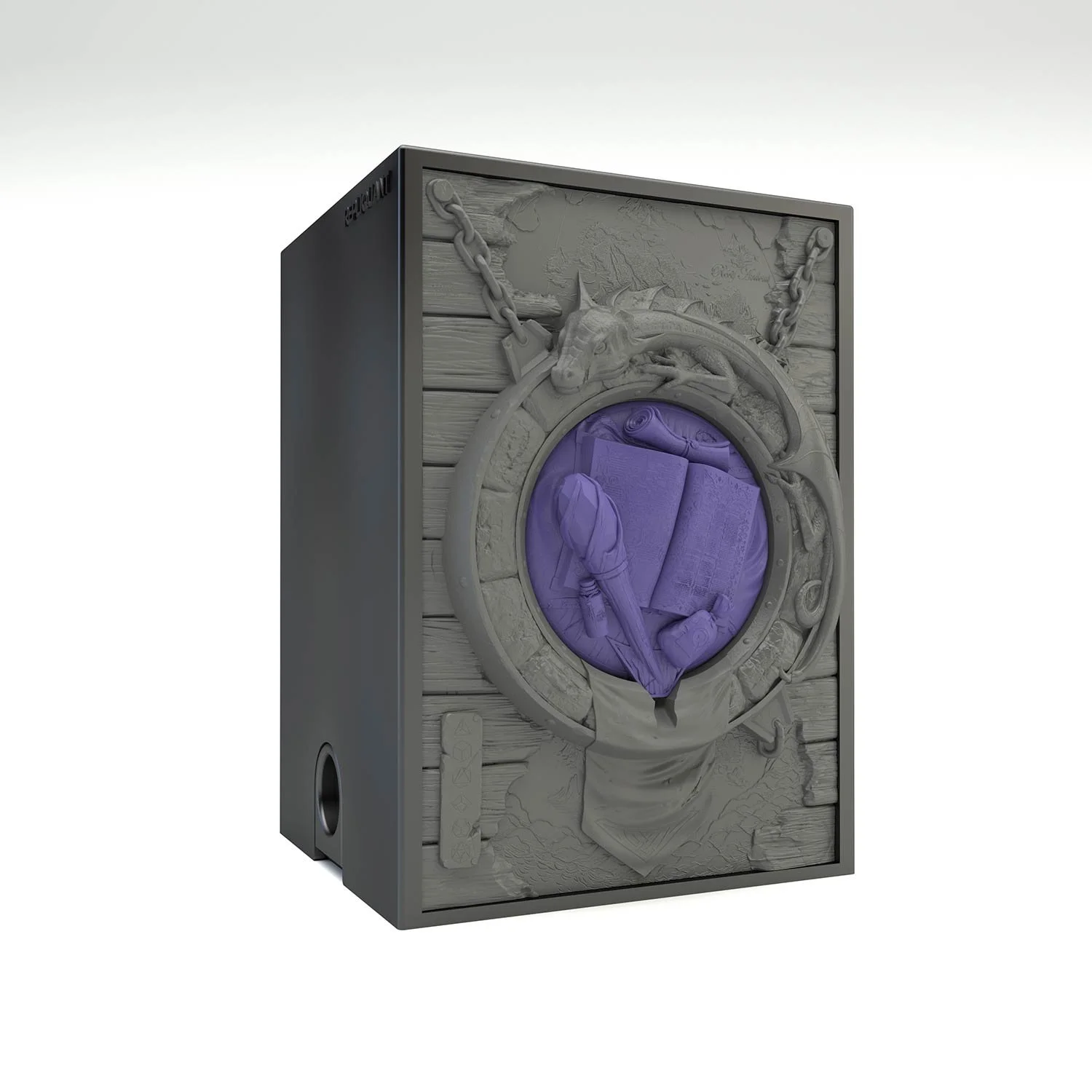 Tour à dé sculptée représentant un symbole magicien violet, Idéal pour lancer et transporter vos dés. Vue de gauche. Vue de droite, boité fermée.