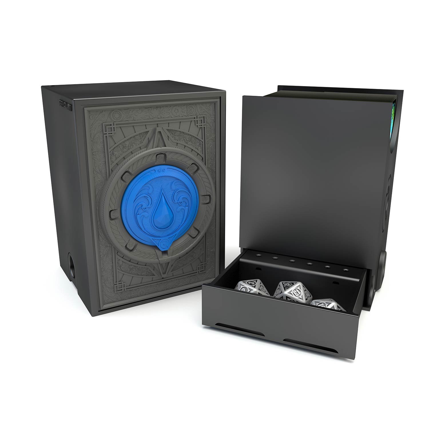 Deck box dans le thème iles, intérieur 100+ avec un tiroir pour ranger les dés et absorbeur d’humidité.