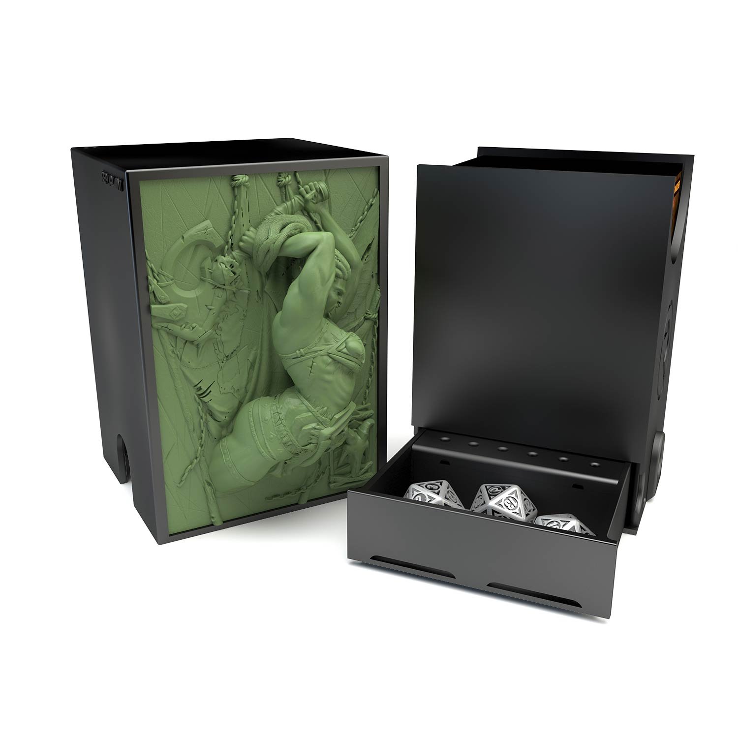 Deck box dans le thème orc, intérieur 100+ avec un tiroir pour ranger les dés et absorbeur d’humidité.