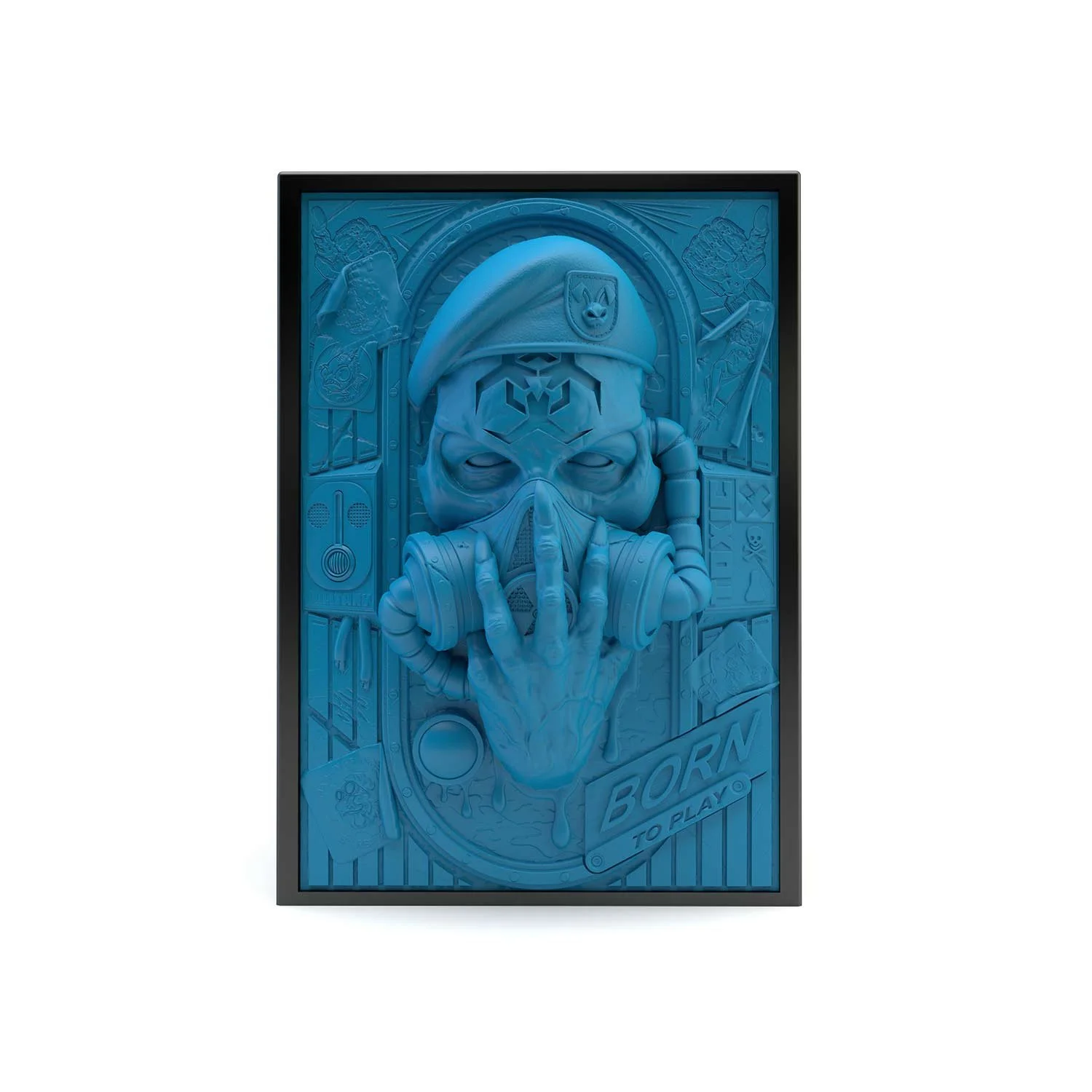 Deck box sculptée post apocalyptique bleu. Idéal pour protéger et embellir un deck JCC, format 100+ ou 60+15. Vue de face, boité fermée.