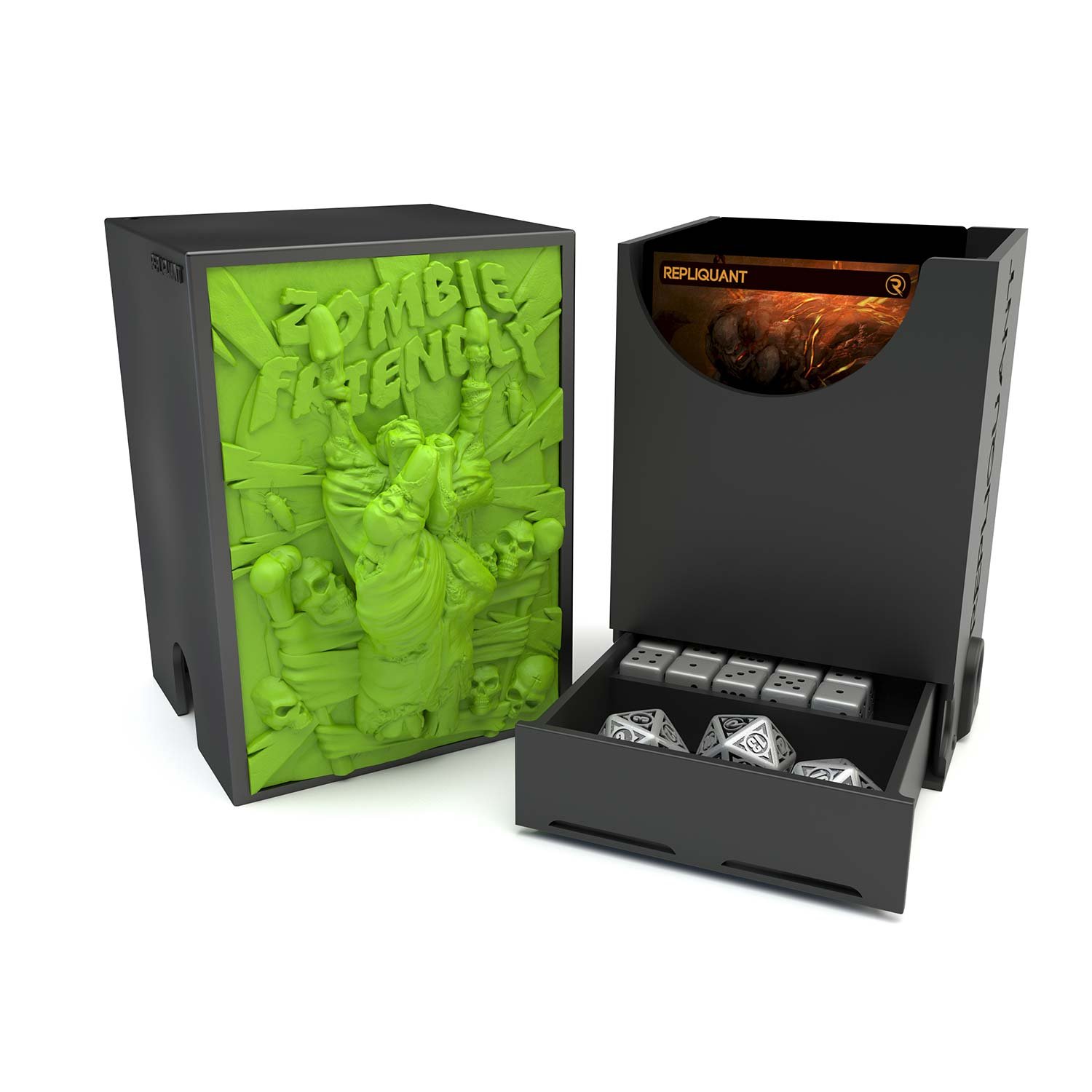 Deck box dans le thème zombie, intérieur 60+15 avec un tiroir pour ranger les dés et absorbeur d’humidité.