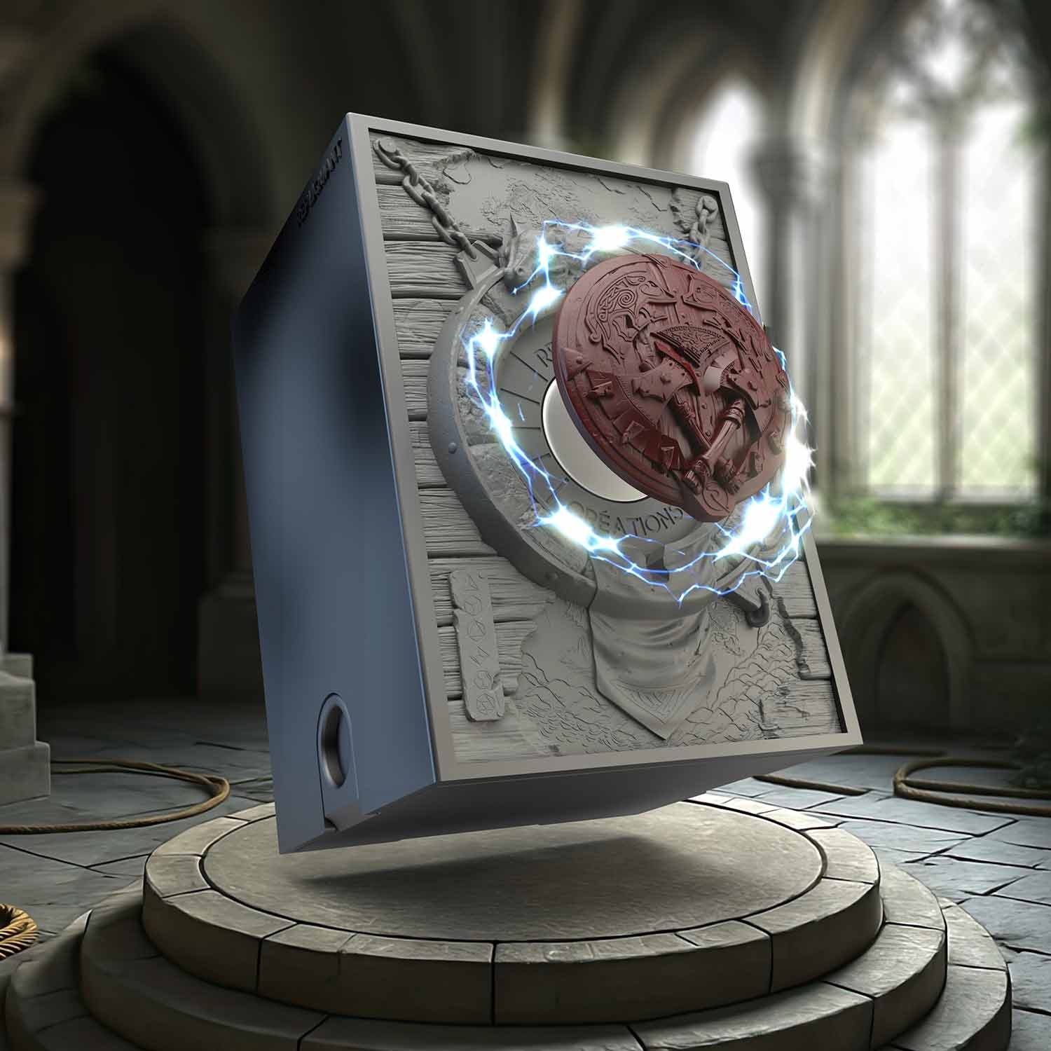 Image vignette de la tour à dé sculptée représentant un symbole Barbare rouge. Format compatible avec l’ensemble des sets de dés, en résine peinte ou personnalisable.