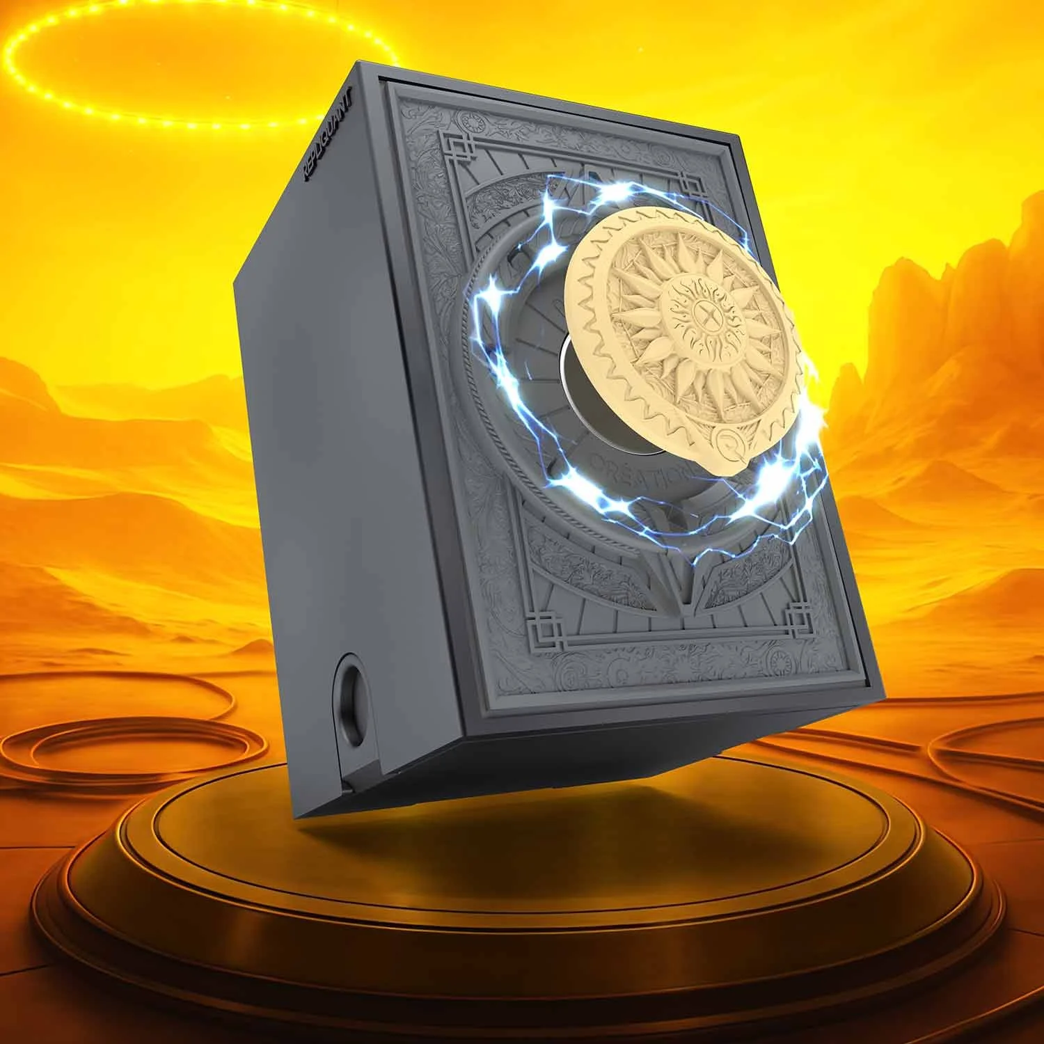 Image vignette de la deck box sculptée représentant un soleil, prêt à protéger les cartes contre l’adversité. Format compatible JCC, en résine peinte ou personnalisable.