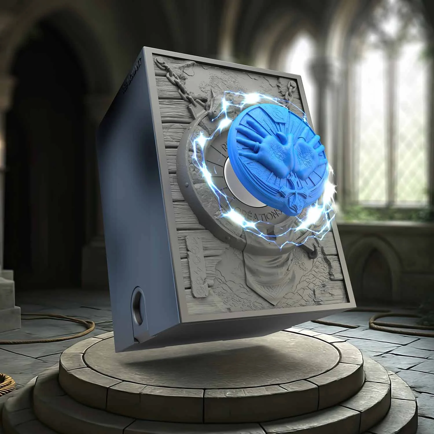 Image vignette de la tour à dé sculptée représentant un symbole clerc bleu. Format compatible avec l’ensemble des sets de dés, en résine peinte ou personnalisable.