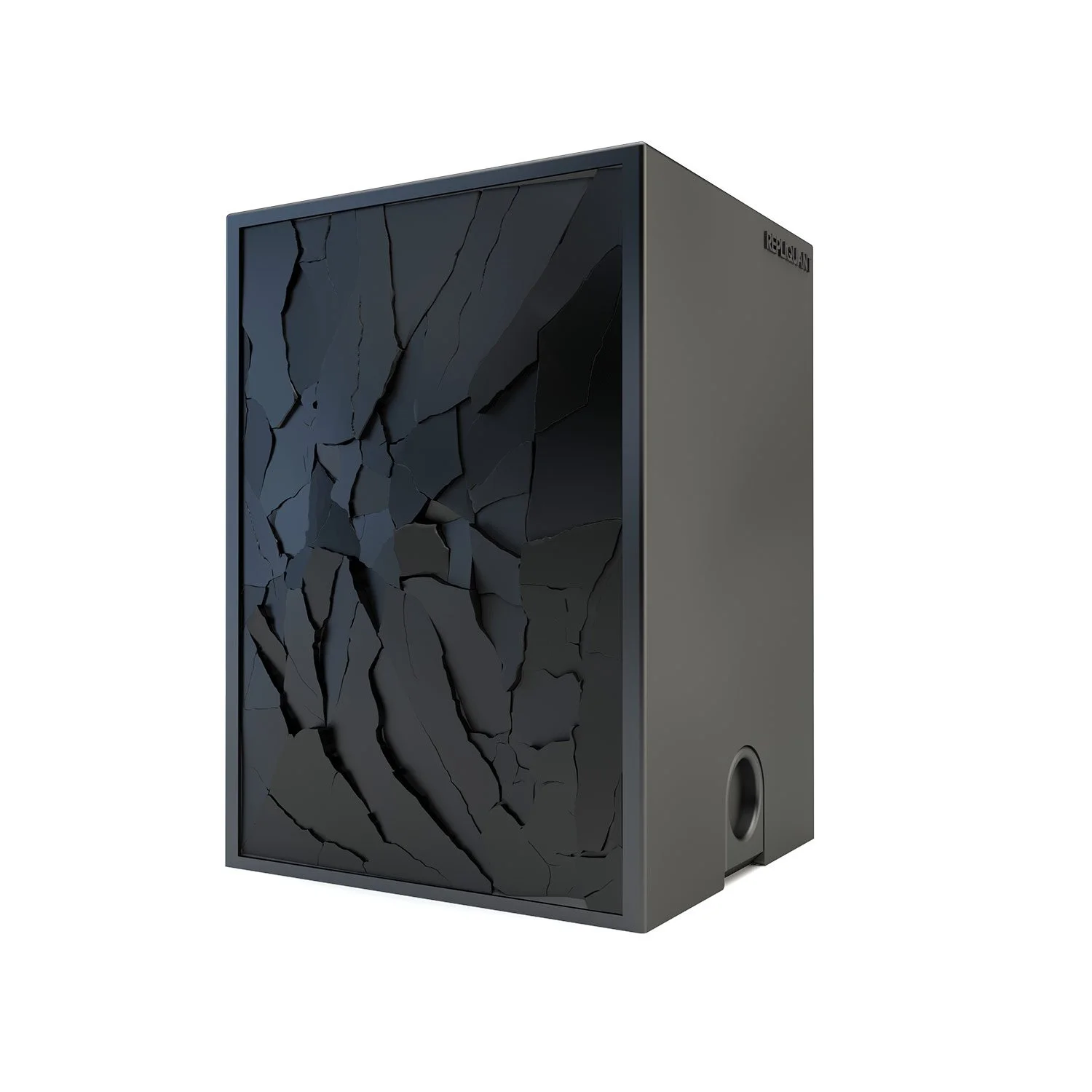 Deck box sculptée noir représentant une vitre cassée. Idéal pour protéger et embellir un deck JCC, format 100+ ou 60+15. Vue de droite, boité fermée.
